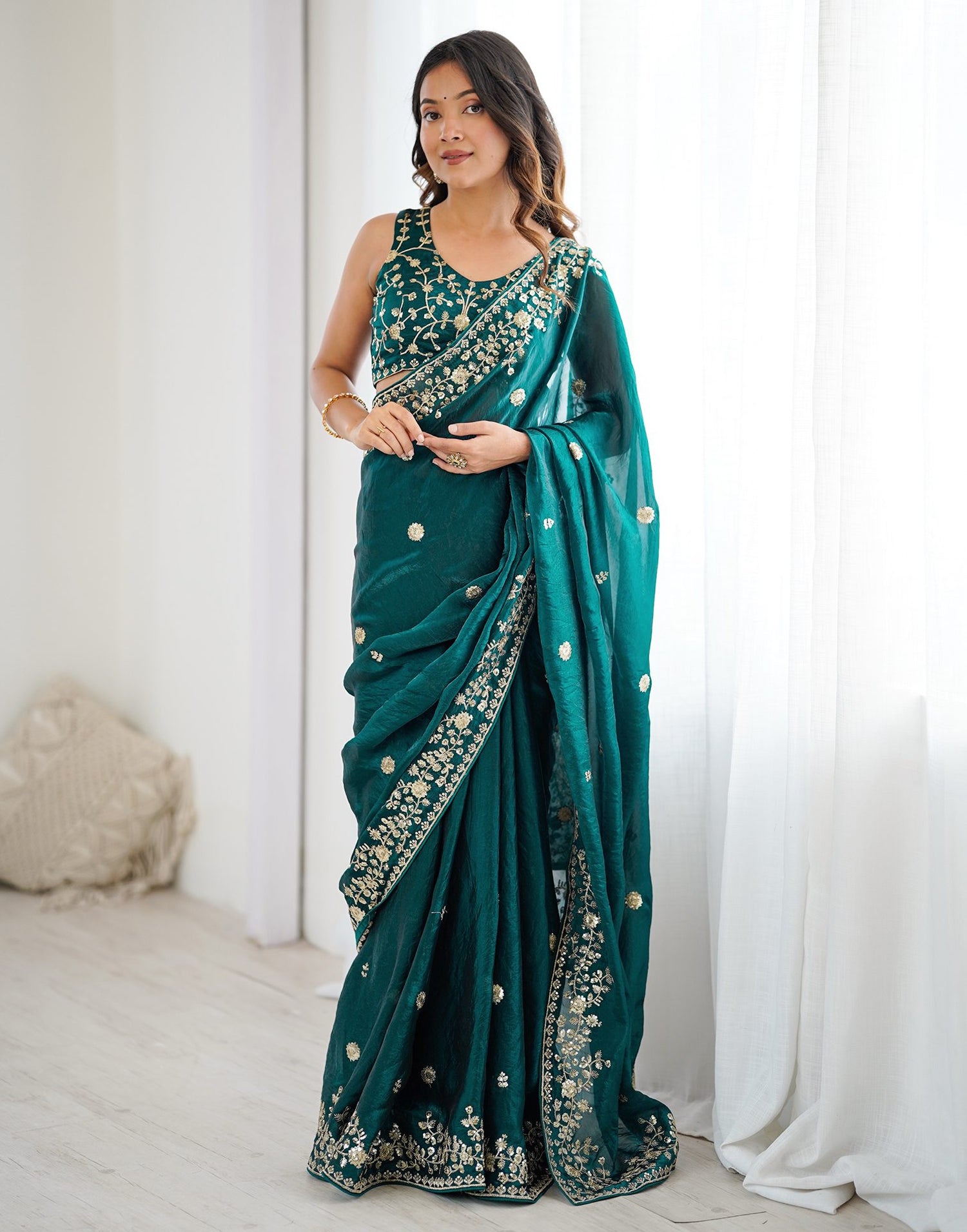 Rama Green Tissue Silk Sequence Embroidery Saree