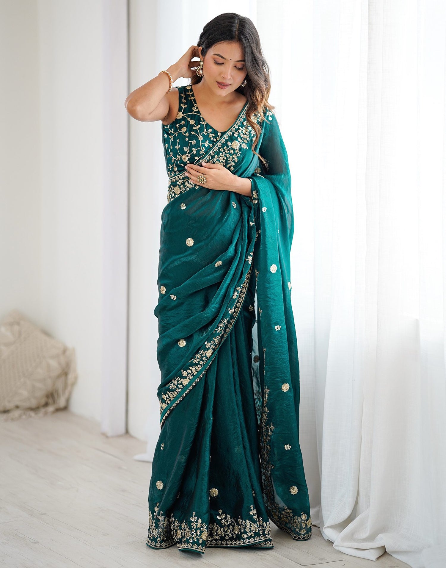 Rama Green Tissue Silk Sequence Embroidery Saree