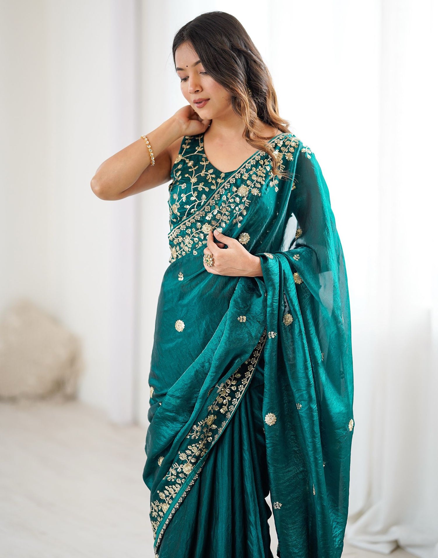 Rama Green Tissue Silk Sequence Embroidery Saree