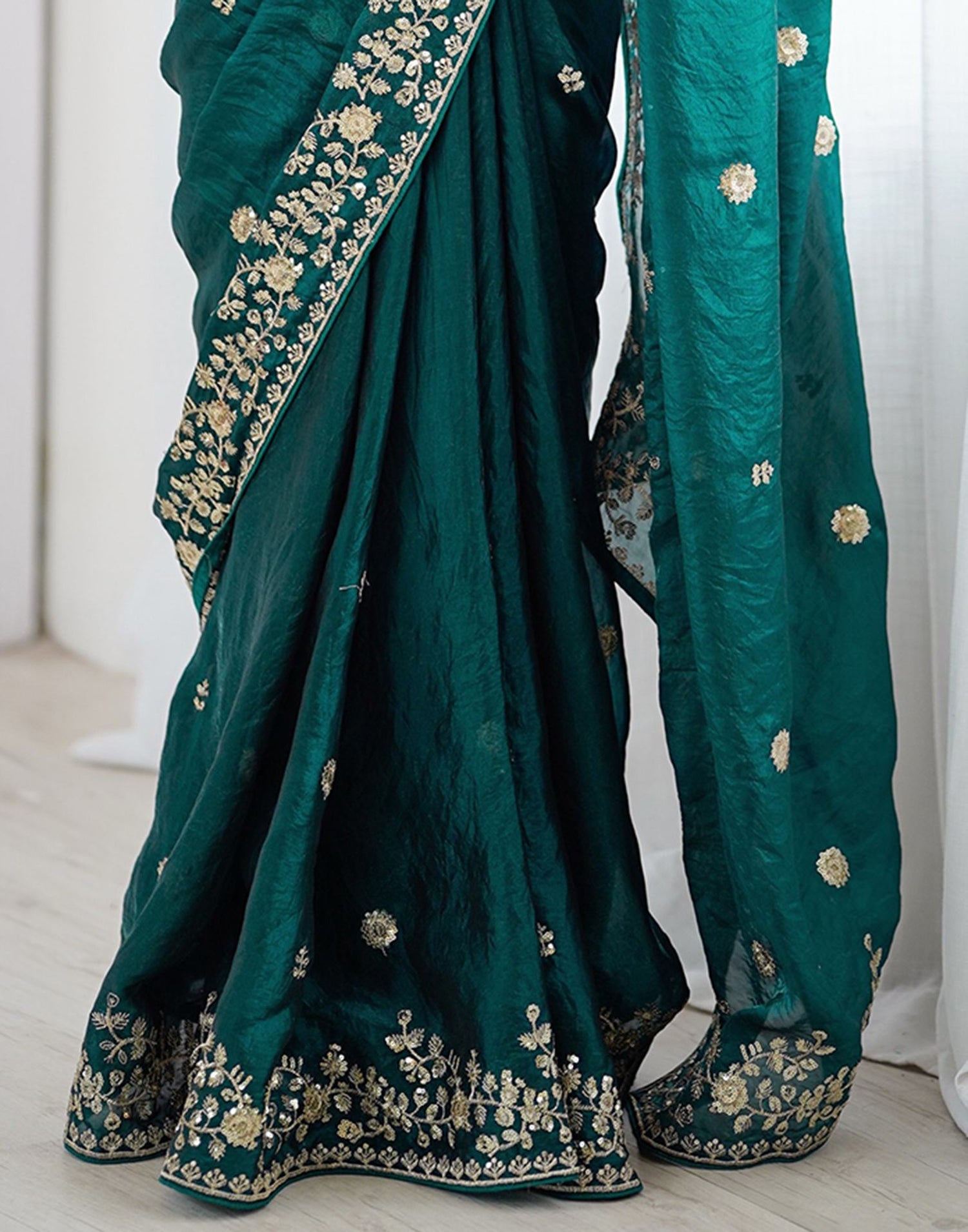 Rama Green Tissue Silk Sequence Embroidery Saree
