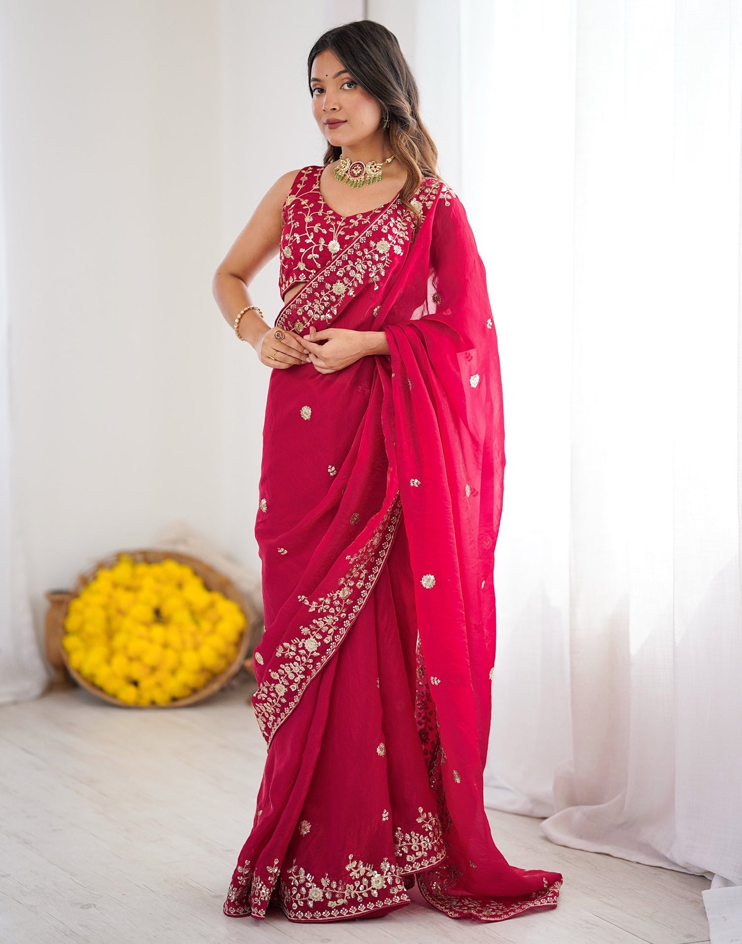 Rani Pink Tissue Silk Sequence Embroidery Saree