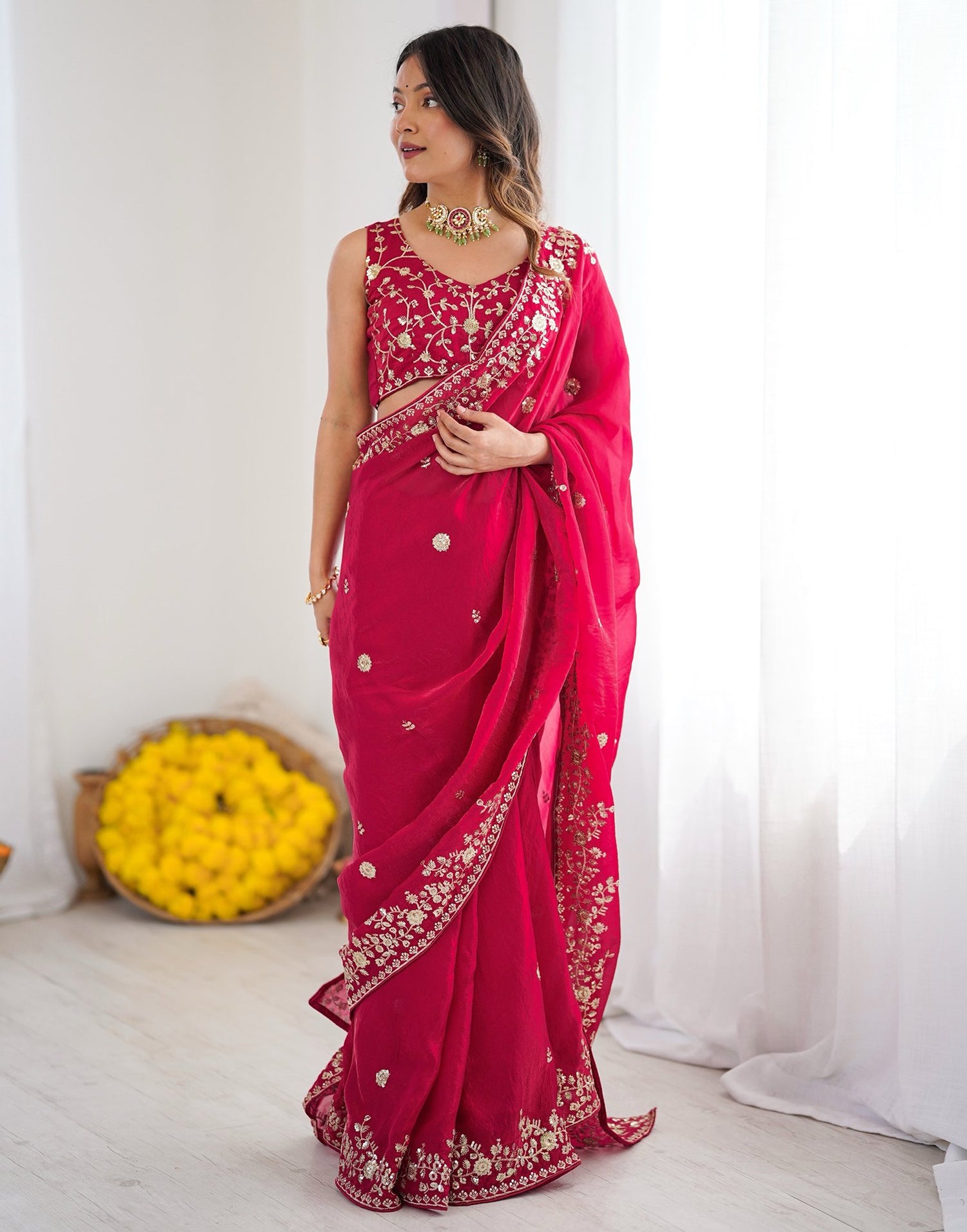 Rani Pink Tissue Silk Sequence Embroidery Saree