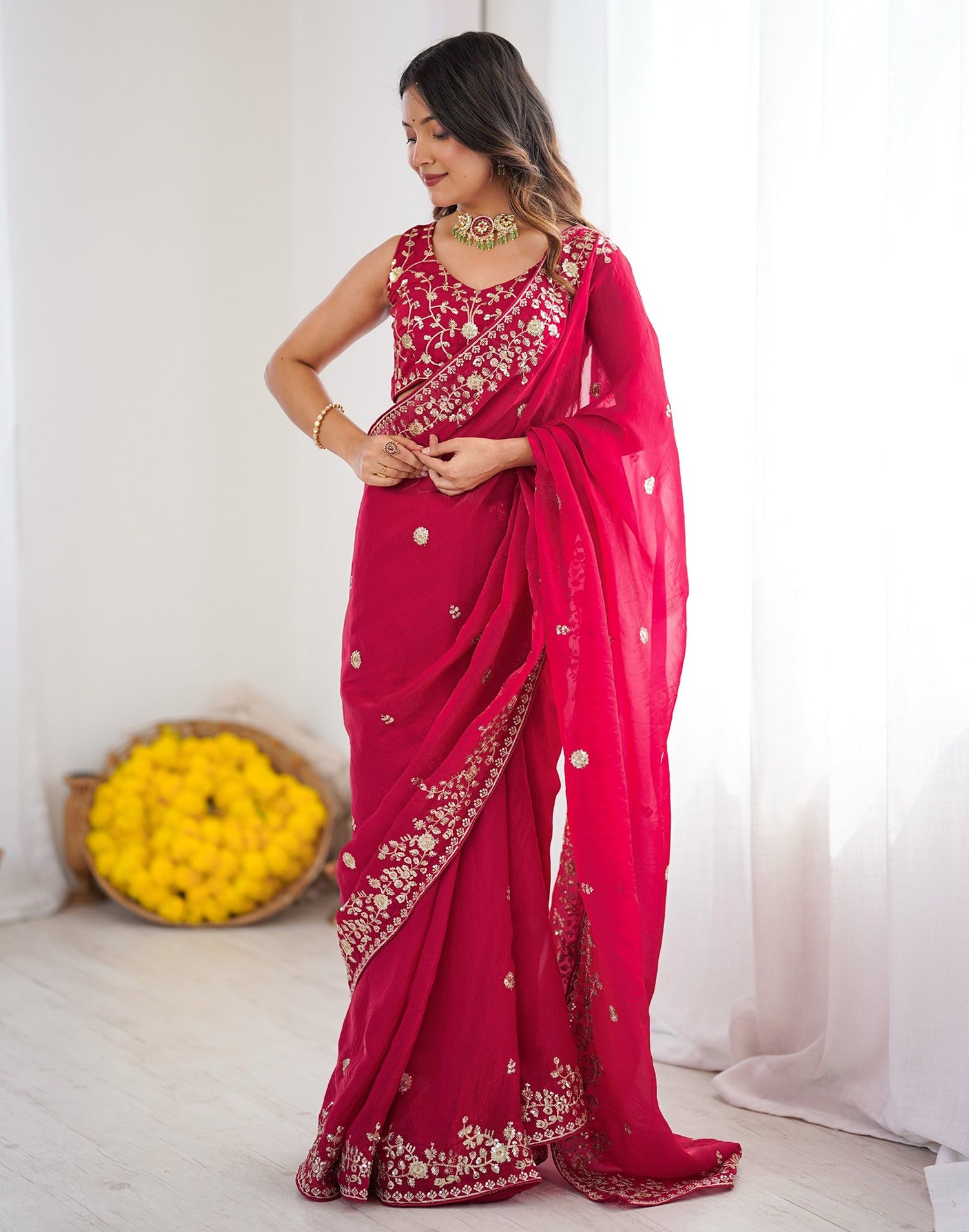Rani Pink Tissue Silk Sequence Embroidery Saree