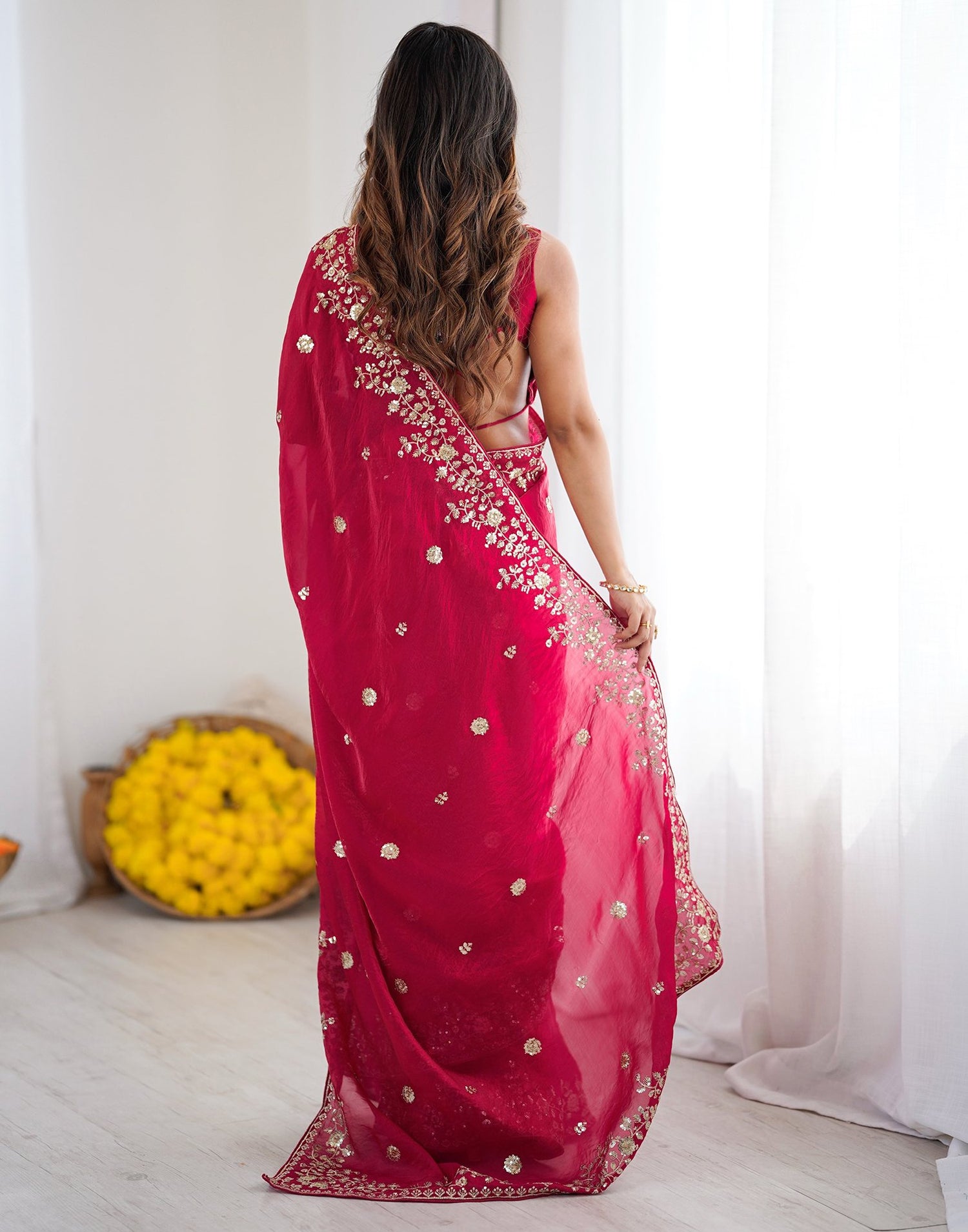 Rani Pink Tissue Silk Sequence Embroidery Saree