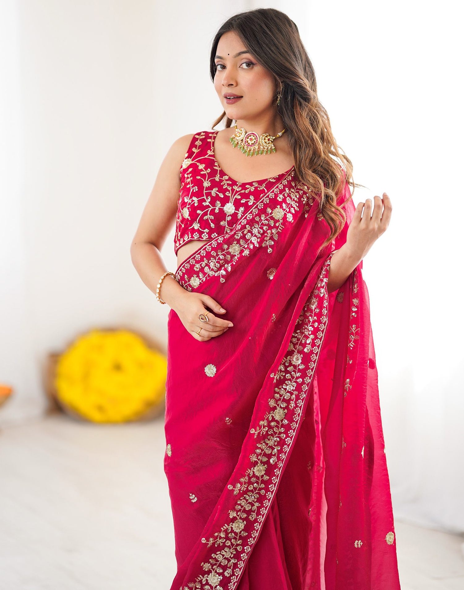 Rani Pink Tissue Silk Sequence Embroidery Saree
