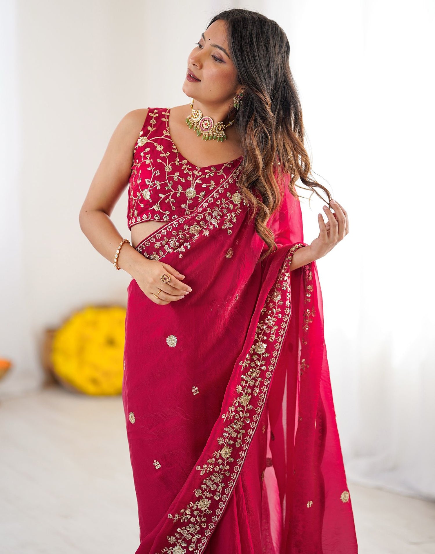 Rani Pink Tissue Silk Sequence Embroidery Saree