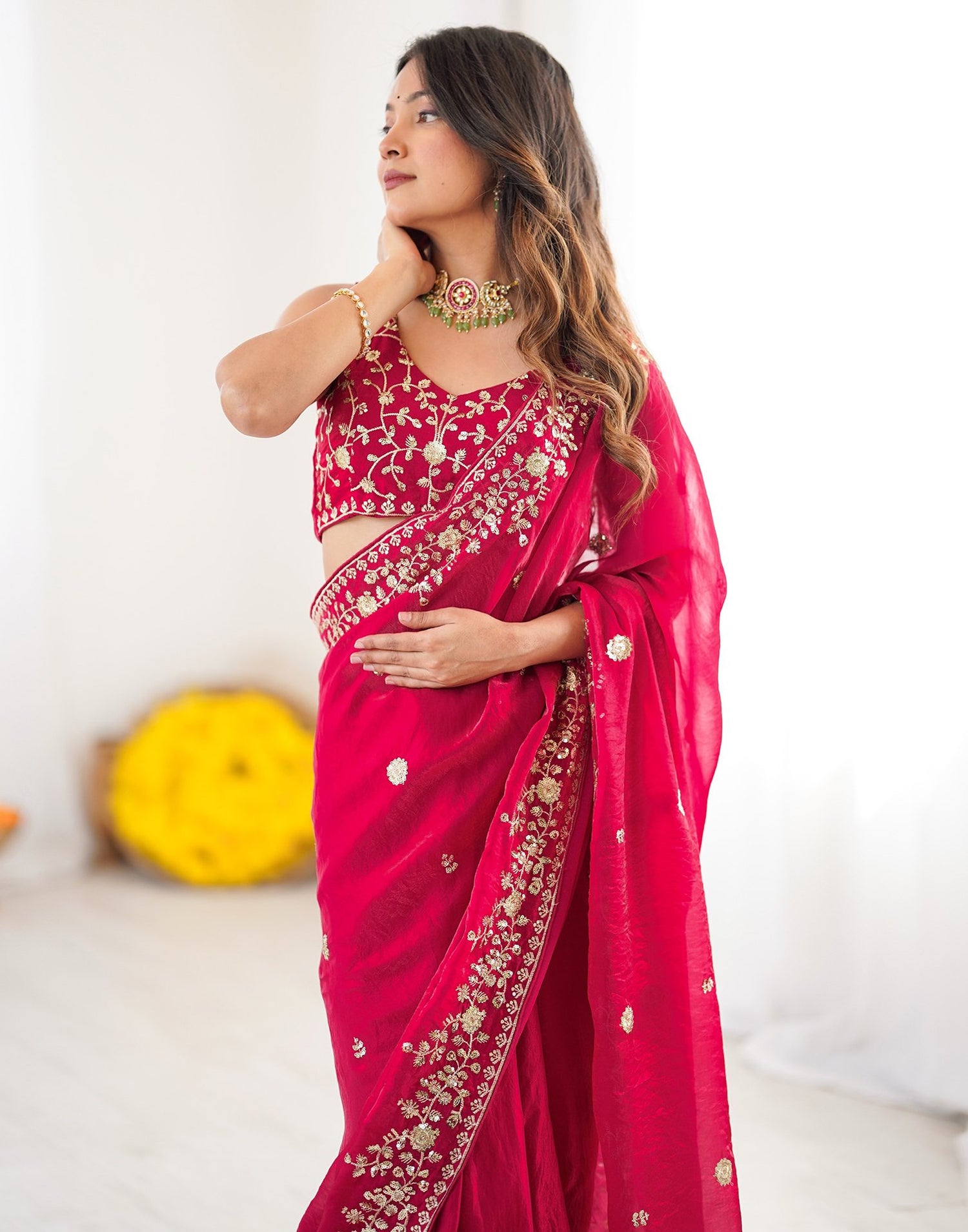 Rani Pink Tissue Silk Sequence Embroidery Saree