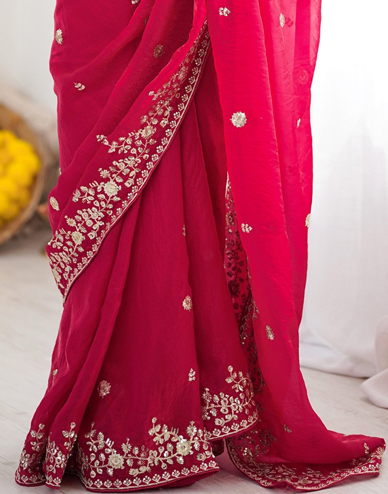 Rani Pink Tissue Silk Sequence Embroidery Saree