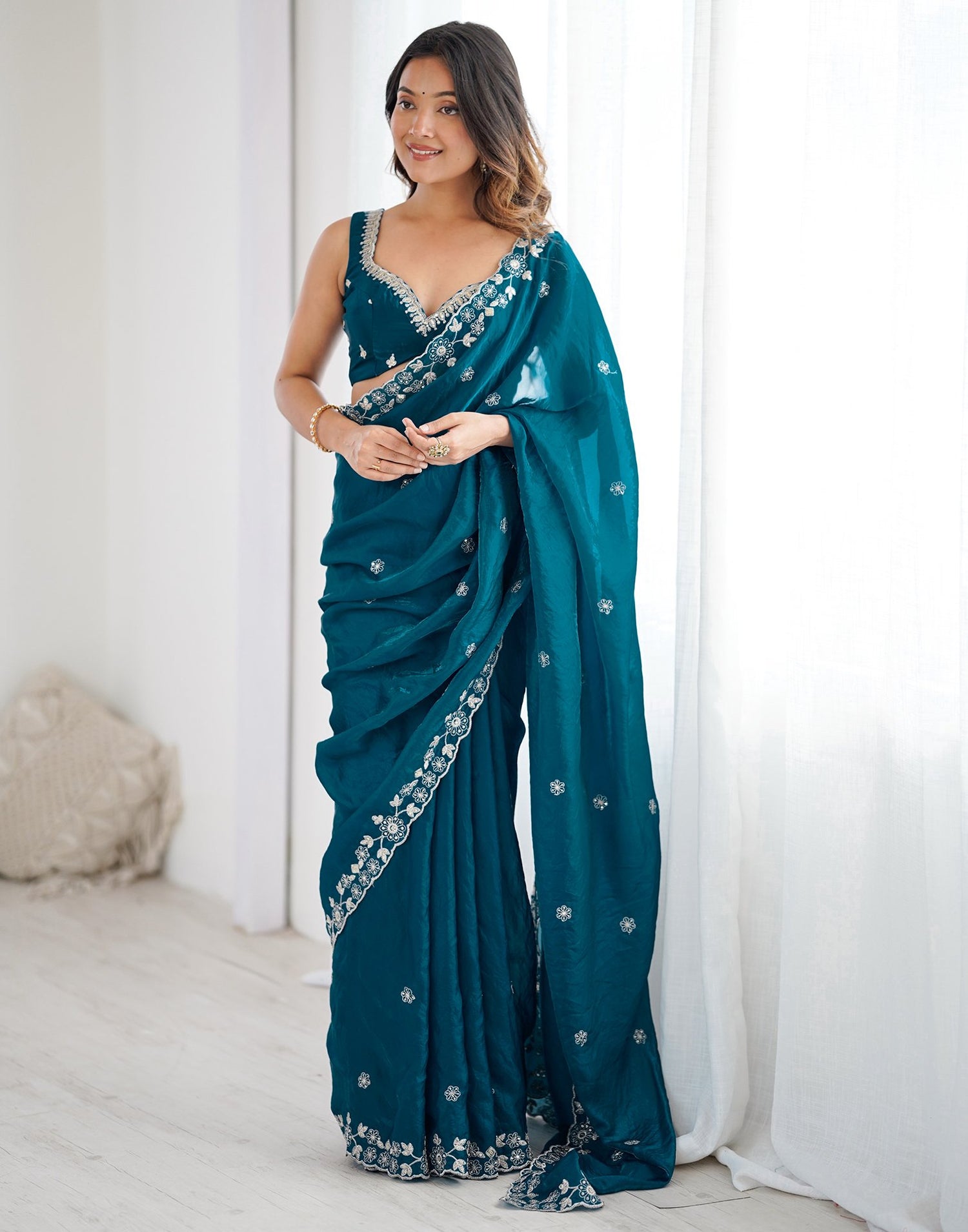 Peacock Blue Tissue Silk Sequence Embroidery Saree