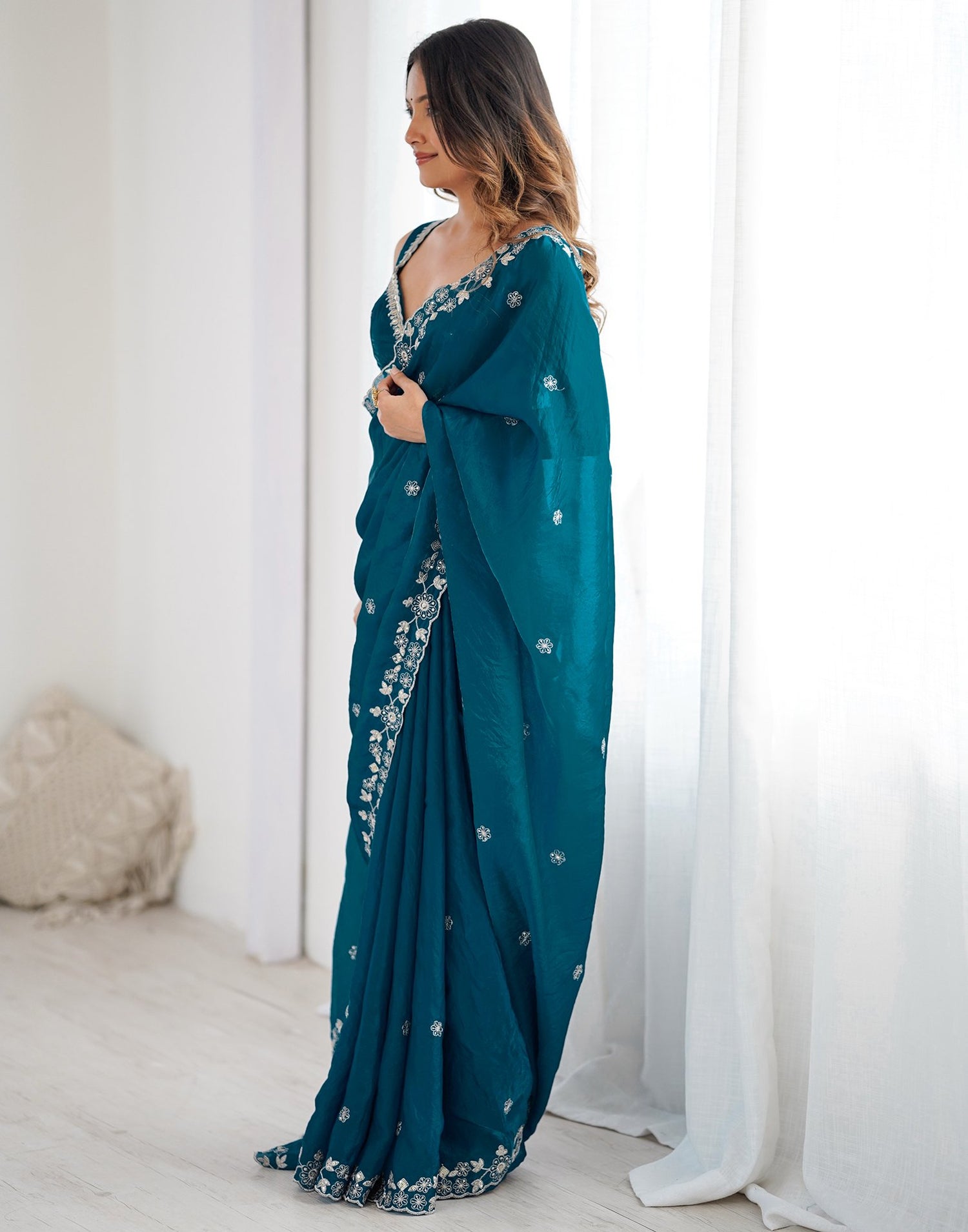 Peacock Blue Tissue Silk Sequence Embroidery Saree
