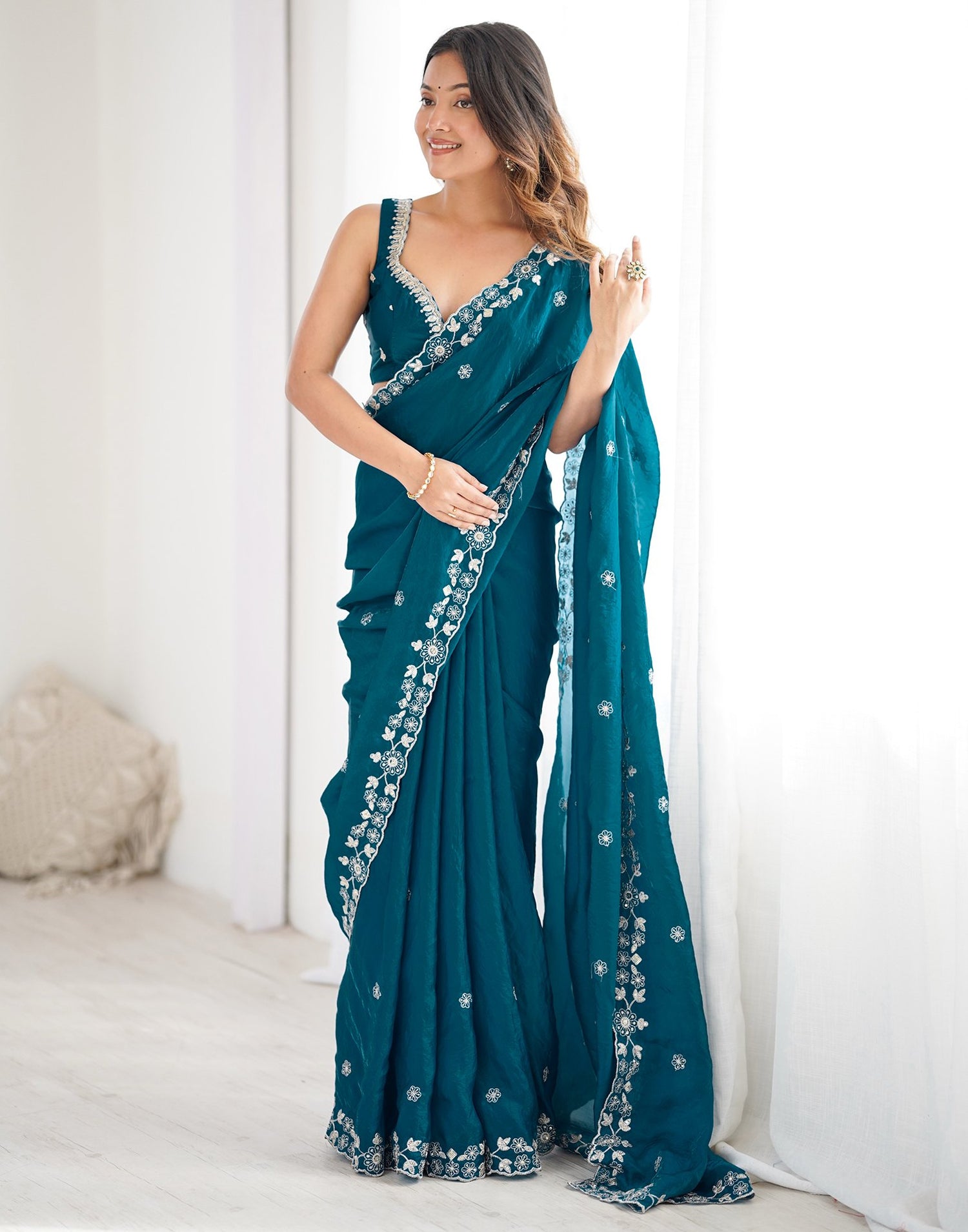 Peacock Blue Tissue Silk Sequence Embroidery Saree