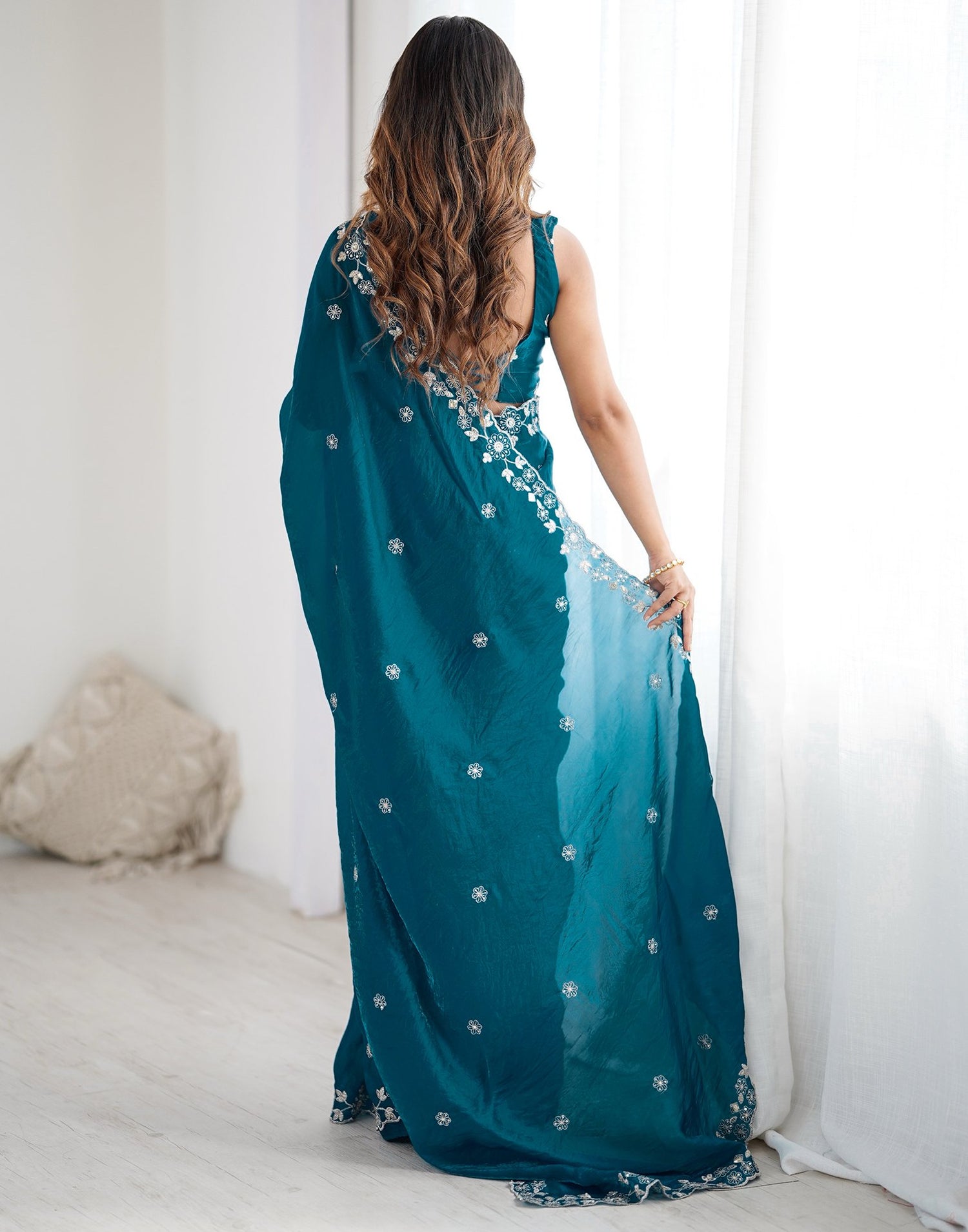 Peacock Blue Tissue Silk Sequence Embroidery Saree