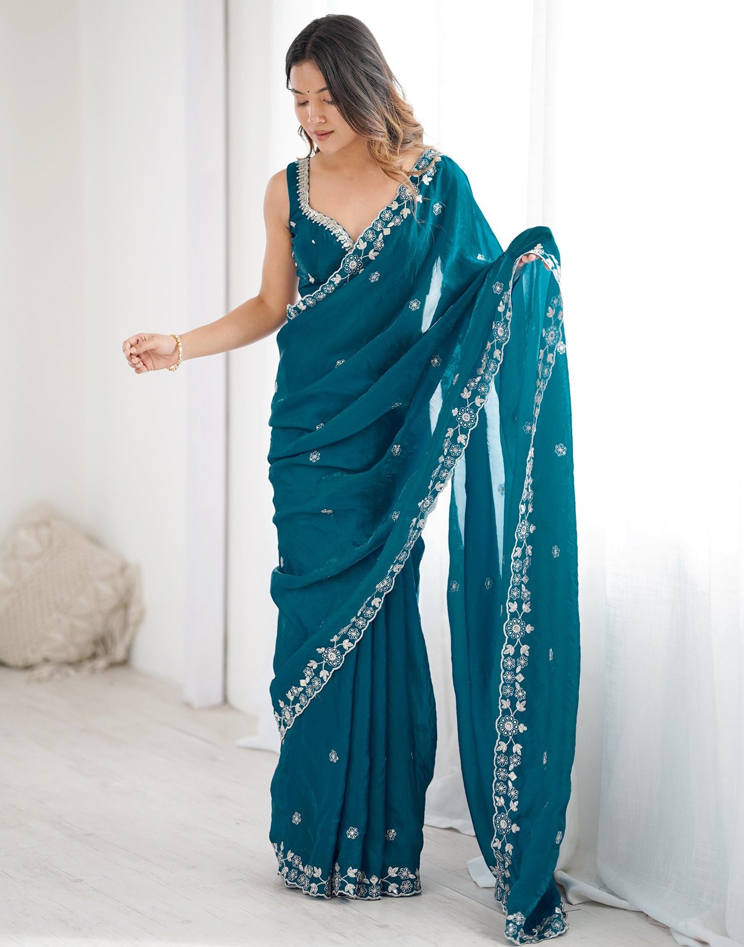 Peacock Blue Tissue Silk Sequence Embroidery Saree