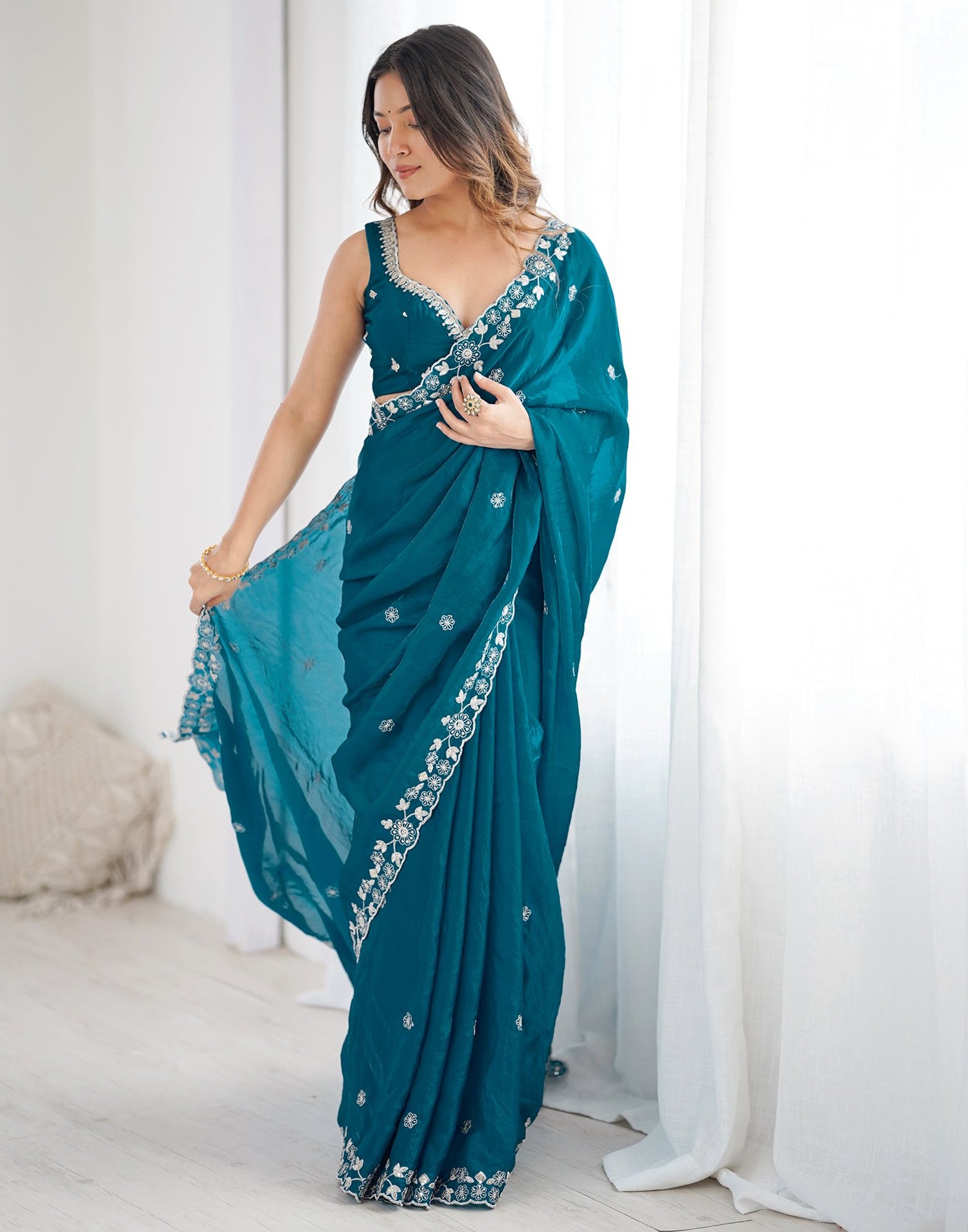 Peacock Blue Tissue Silk Sequence Embroidery Saree