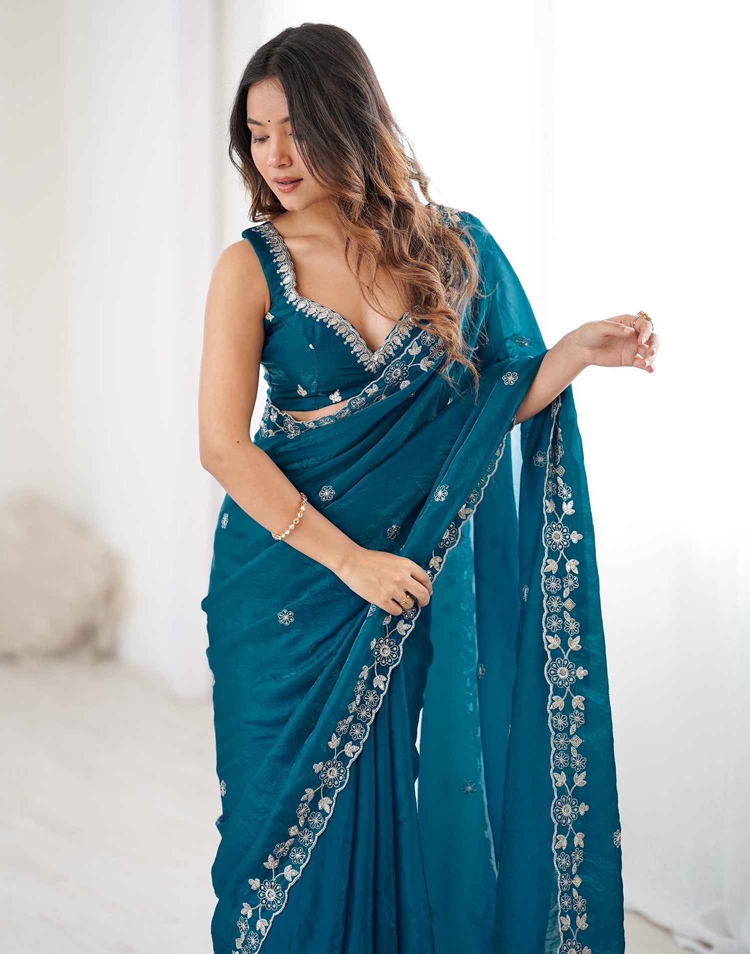 Peacock Blue Tissue Silk Sequence Embroidery Saree