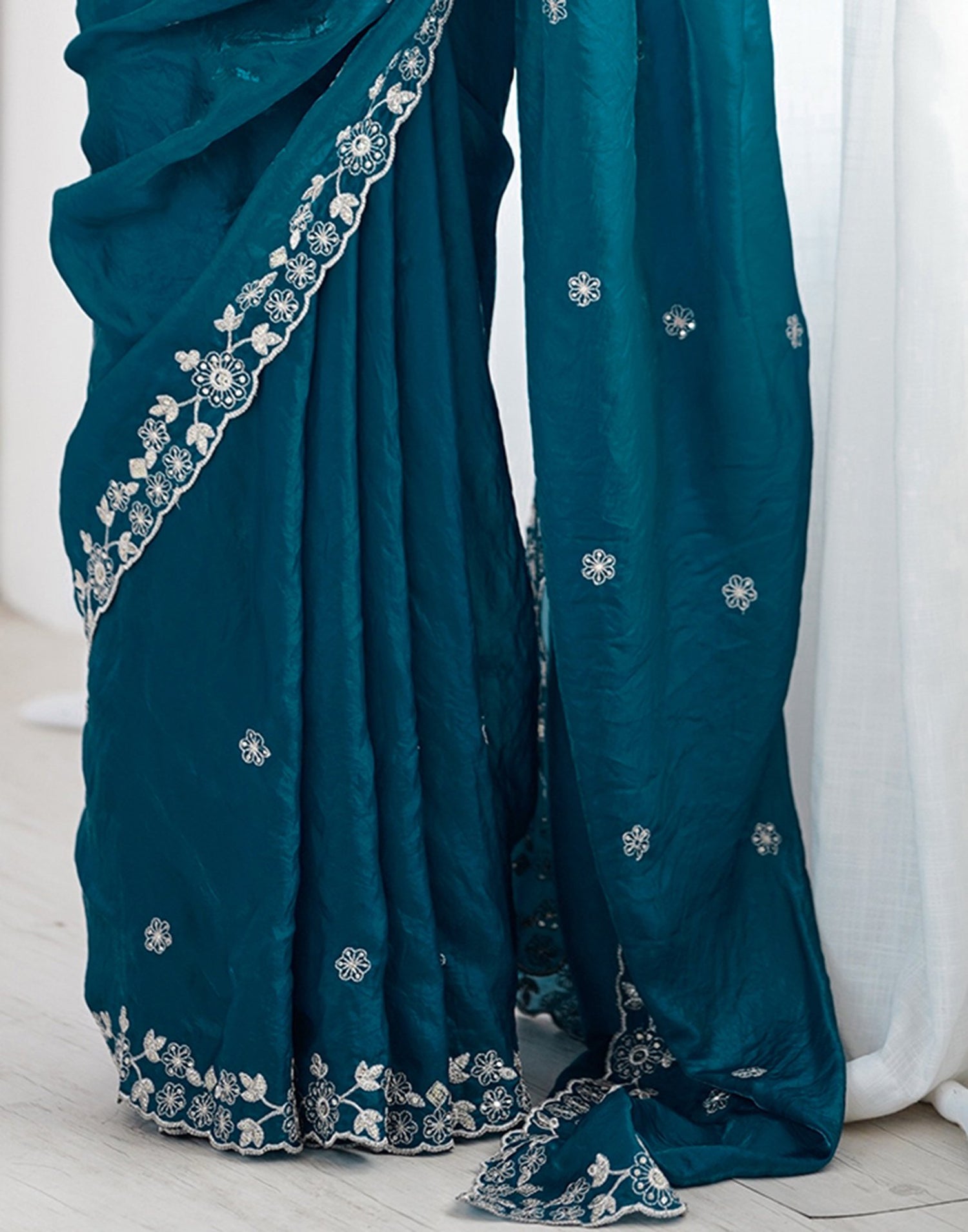 Peacock Blue Tissue Silk Sequence Embroidery Saree