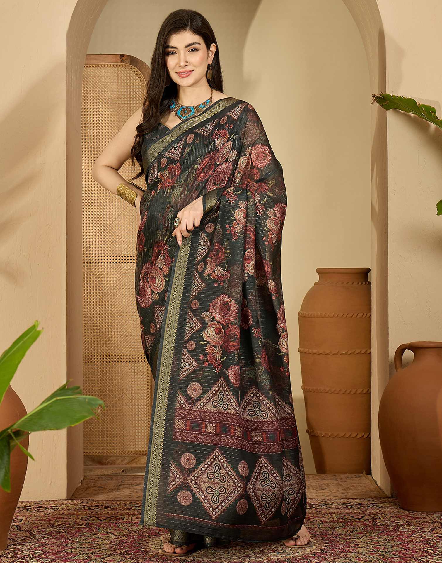 Dark Green Silk Floral Printed Saree