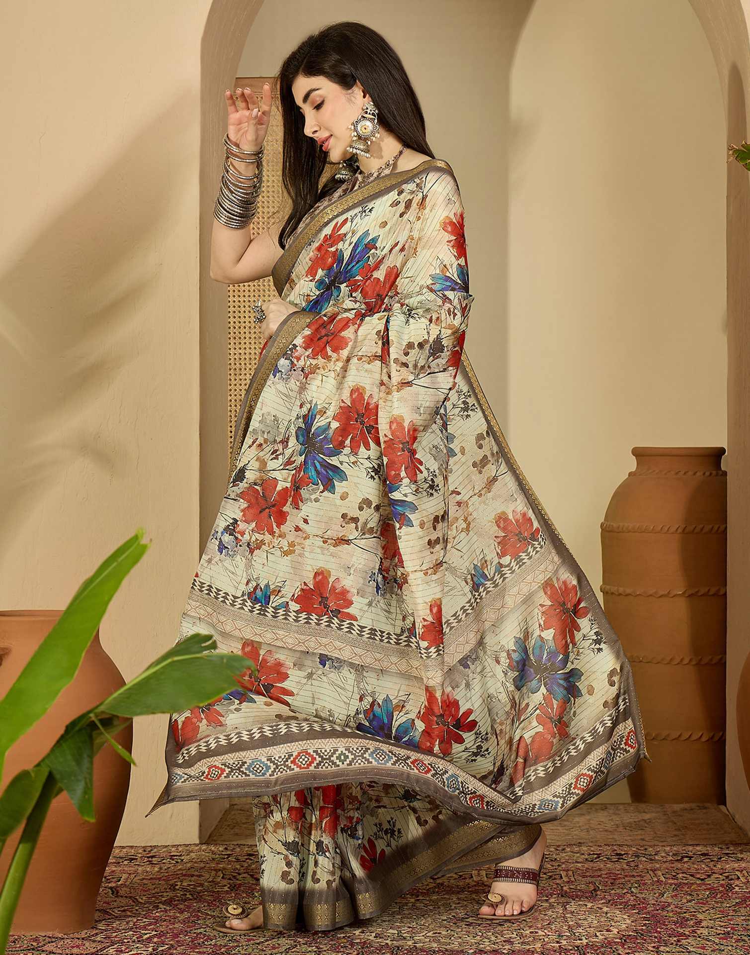 Multicoloured Silk Floral Printed Saree