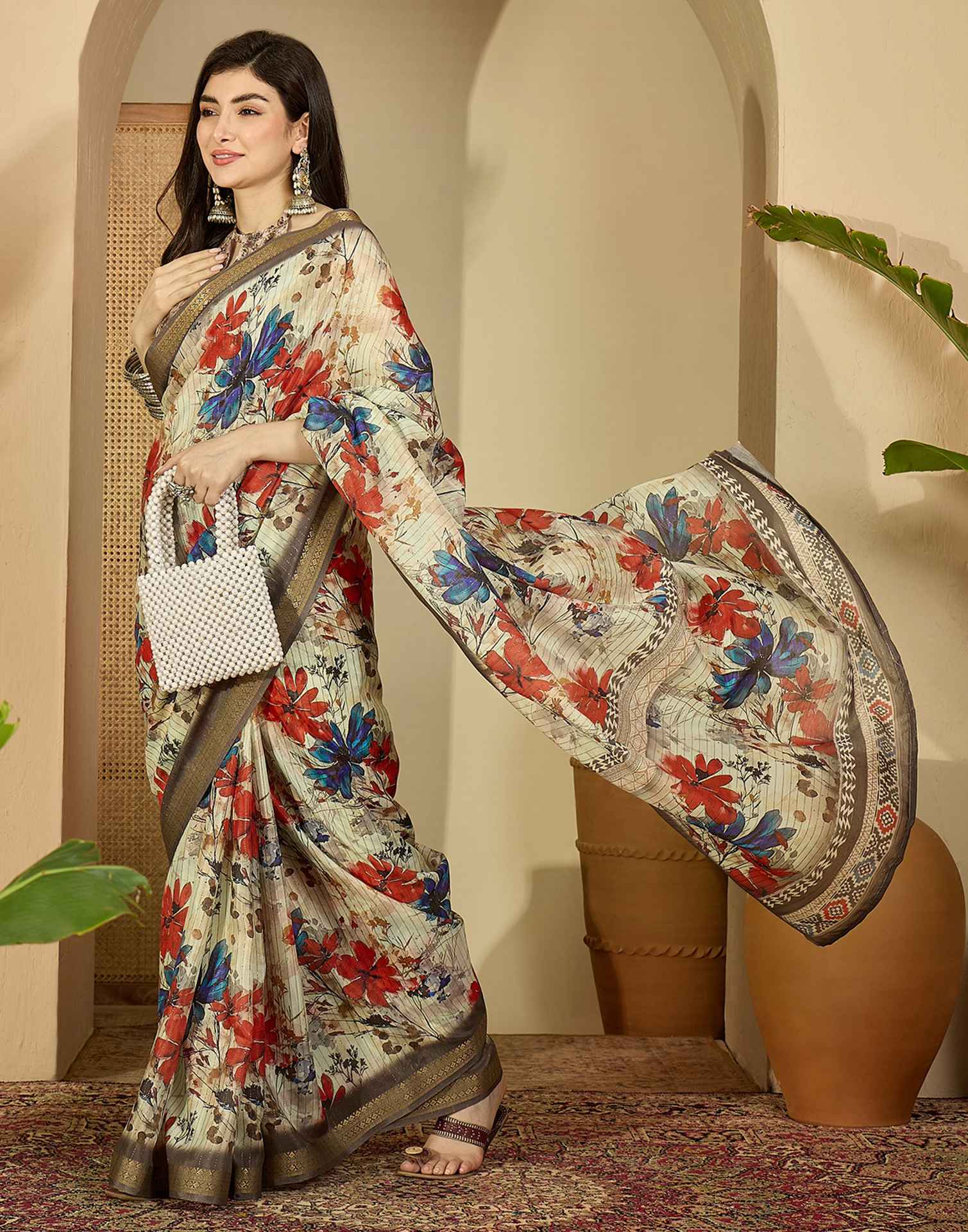 Multicoloured Silk Floral Printed Saree