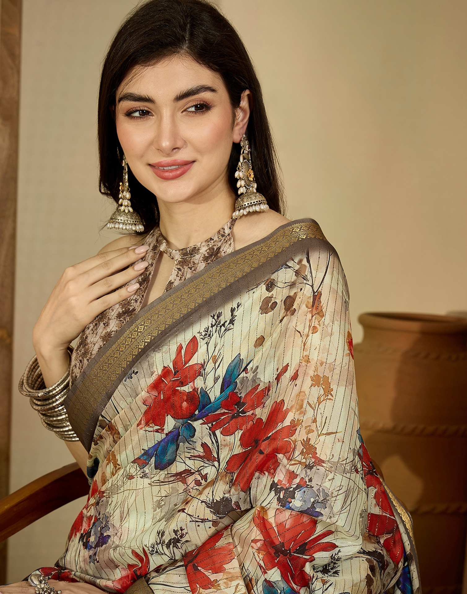 Multicoloured Silk Floral Printed Saree