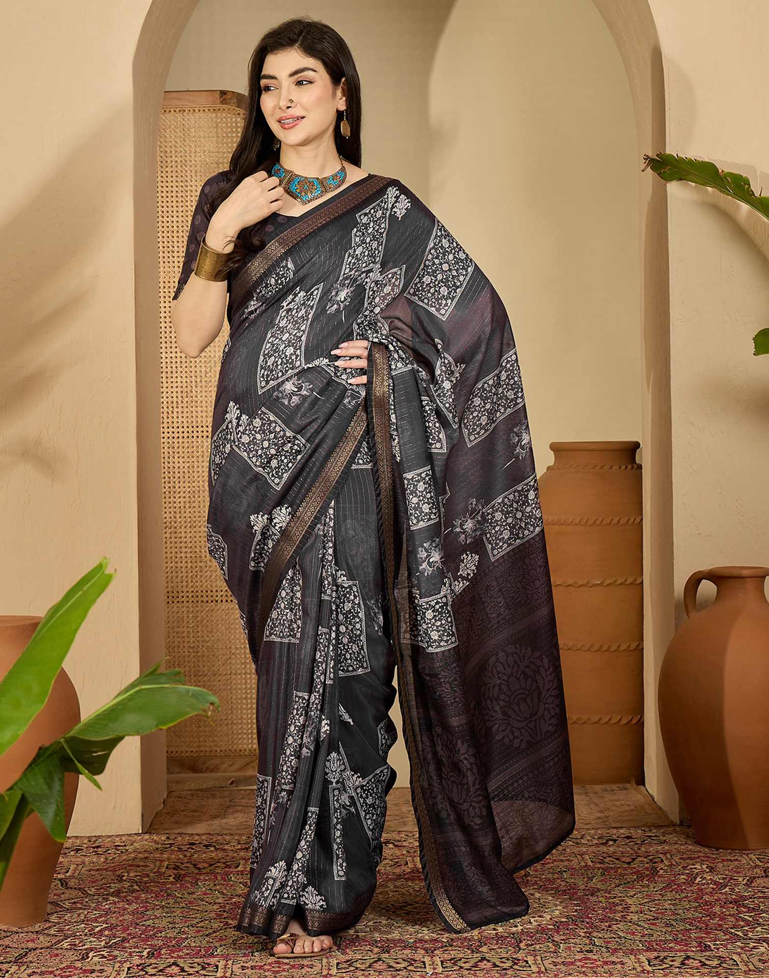 Dusty Wine Silk Printed Saree
