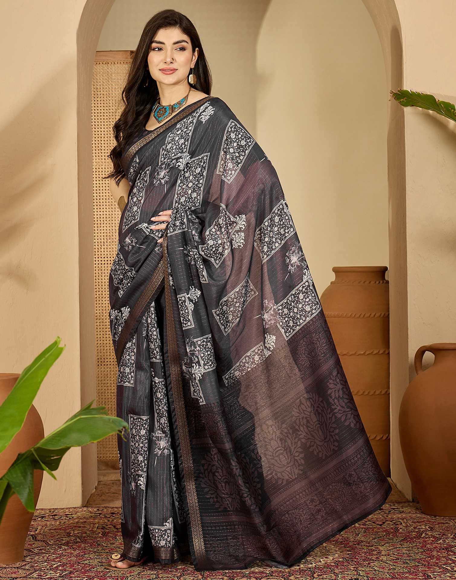 Dusty Wine Silk Printed Saree