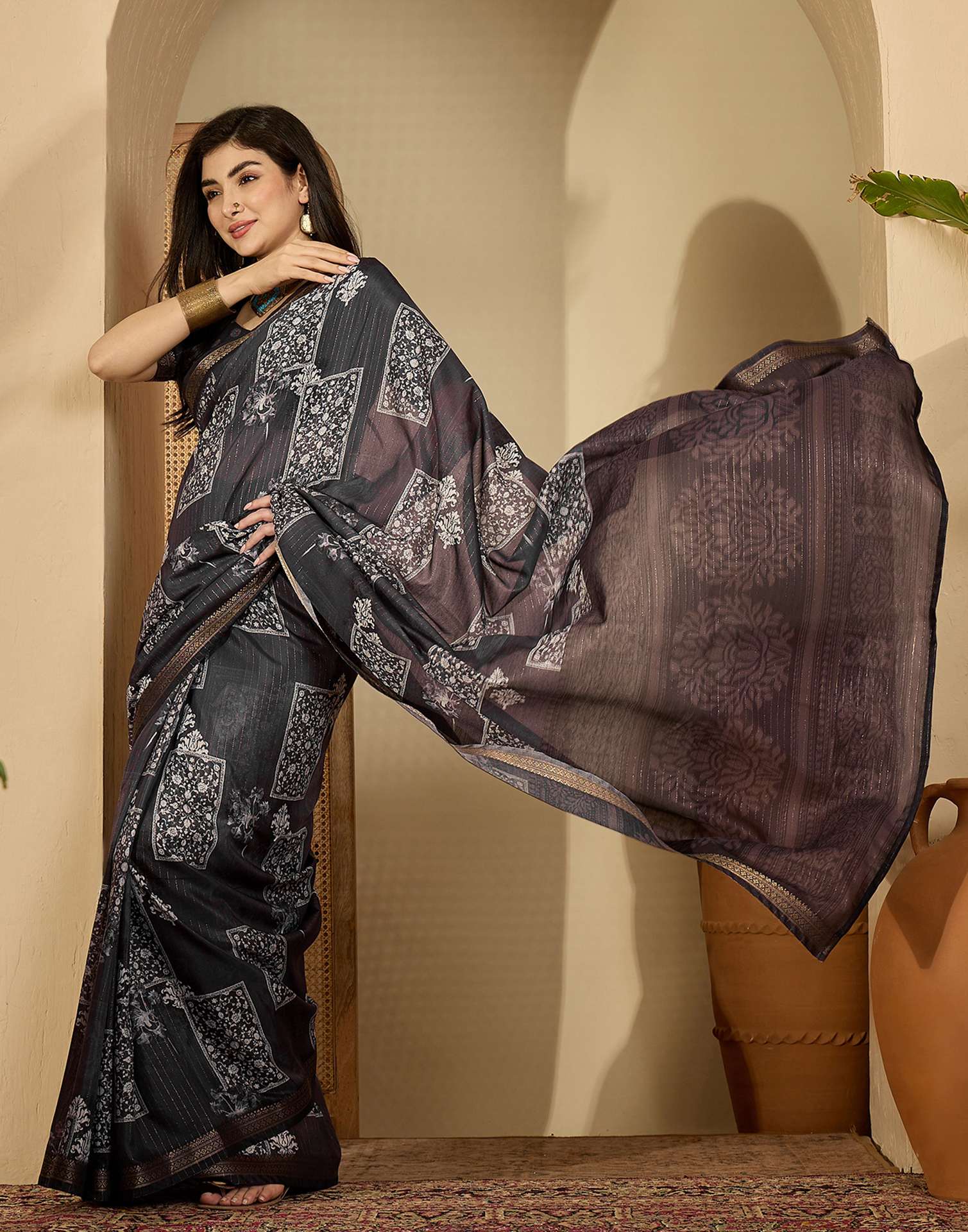 Dusty Wine Silk Printed Saree