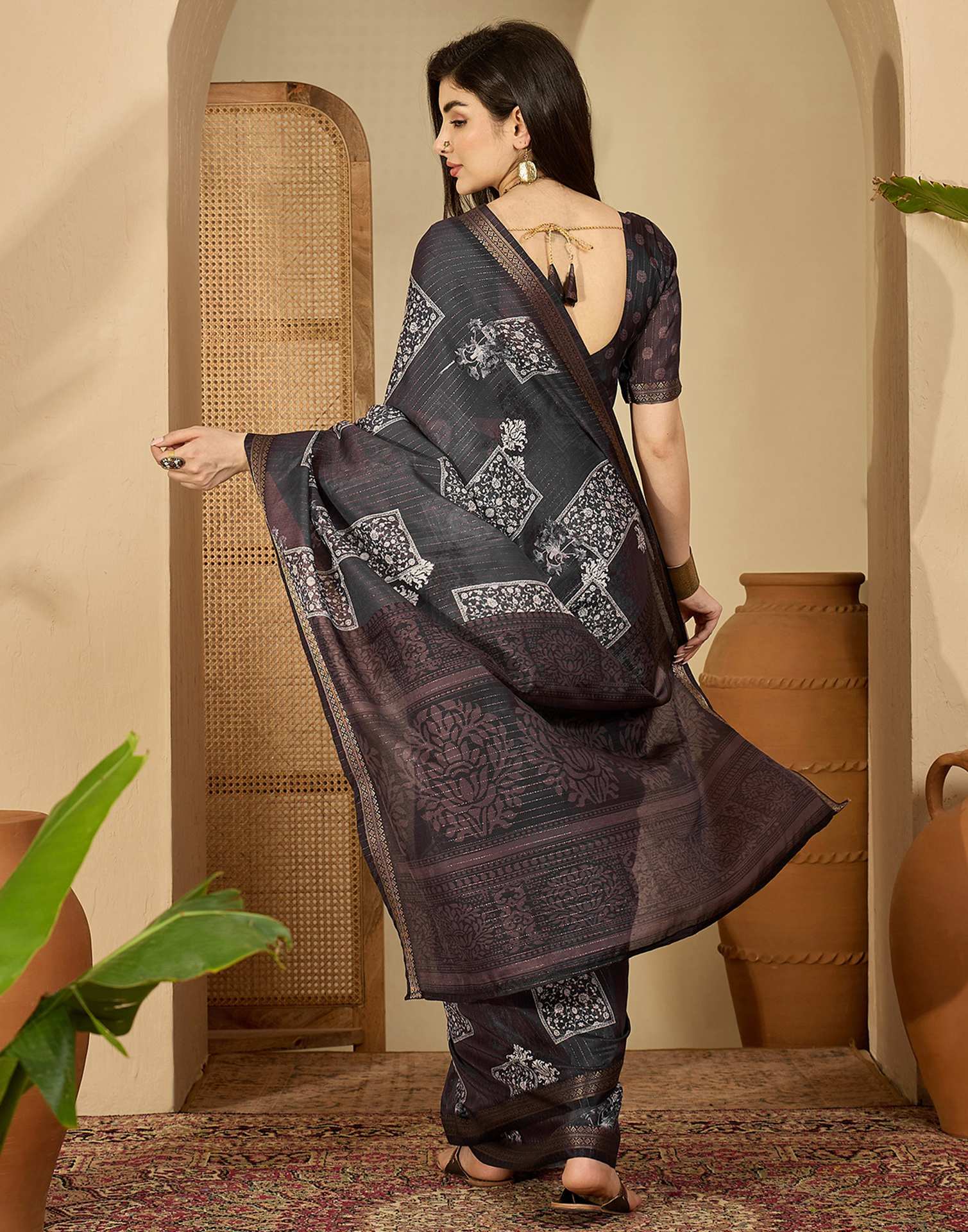 Dusty Wine Silk Printed Saree