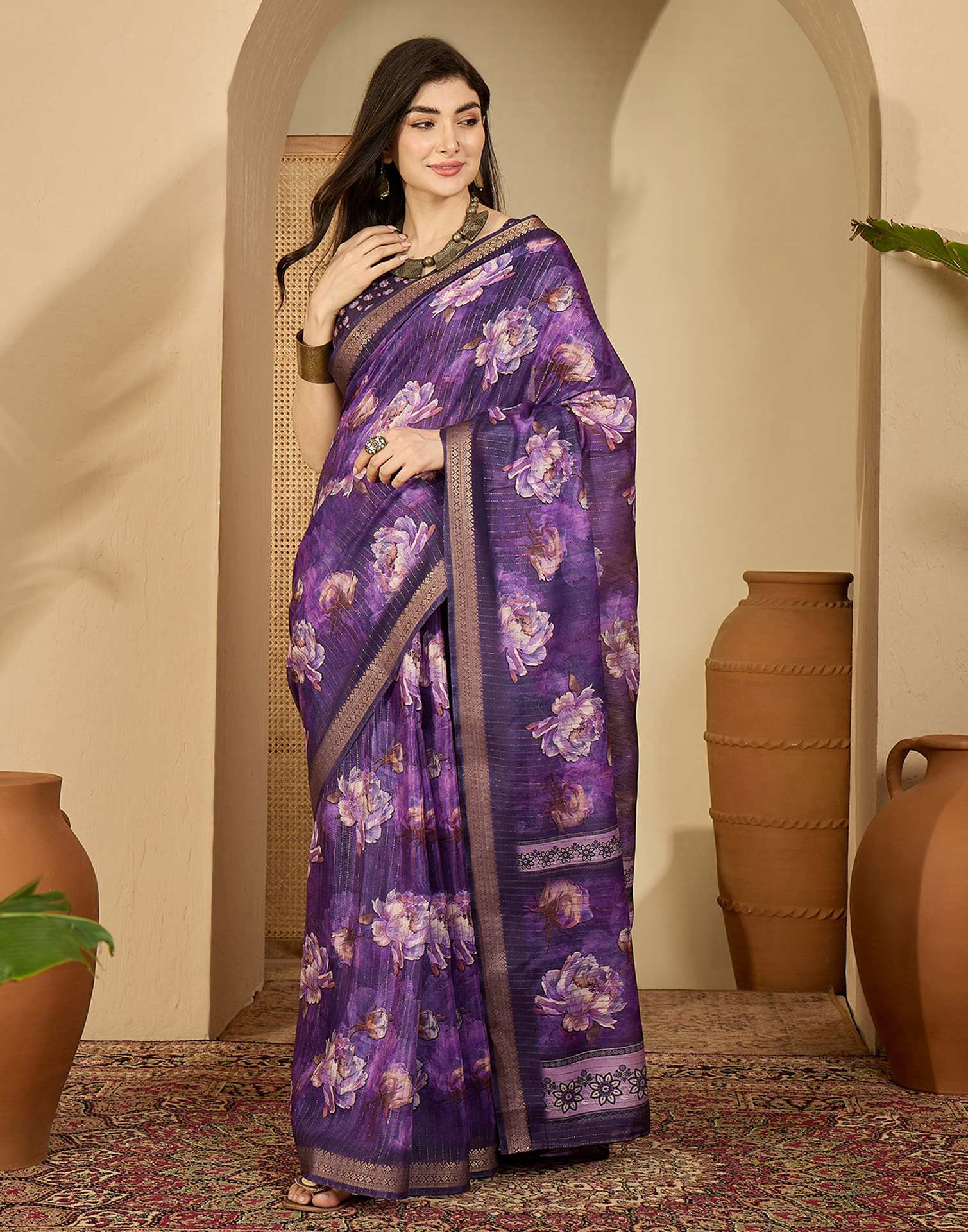 Purple Silk Floral Printed Saree
