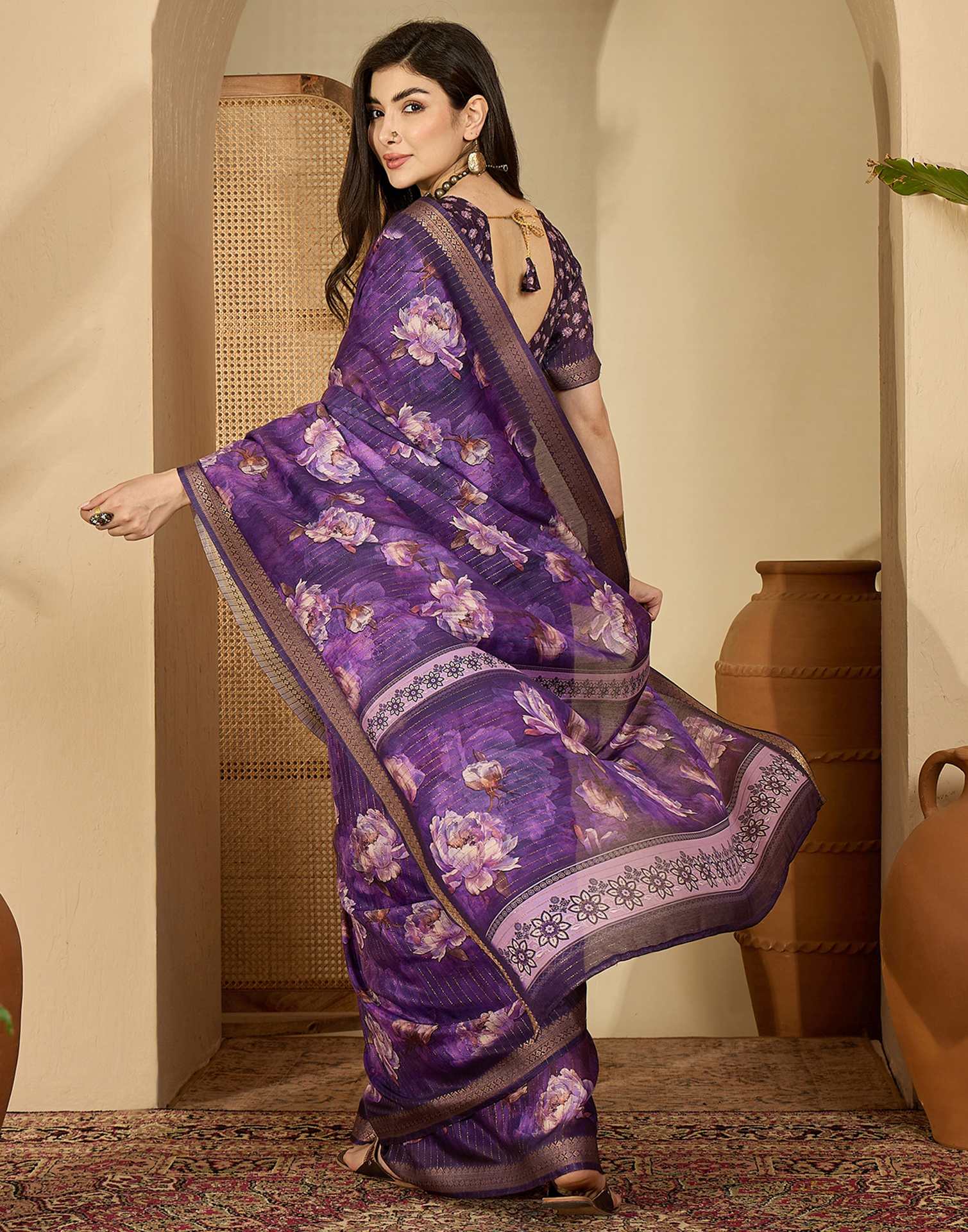 Purple Silk Floral Printed Saree