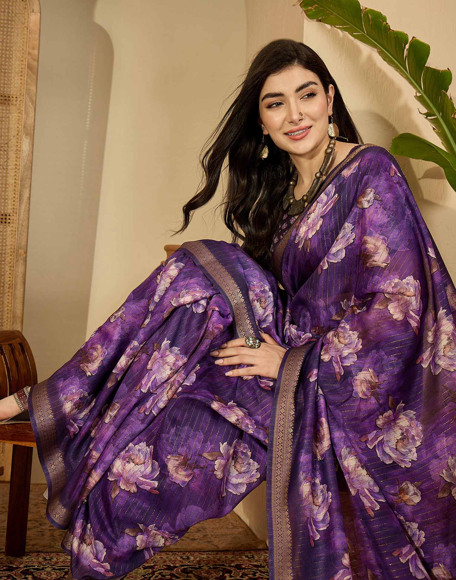 Purple Silk Floral Printed Saree