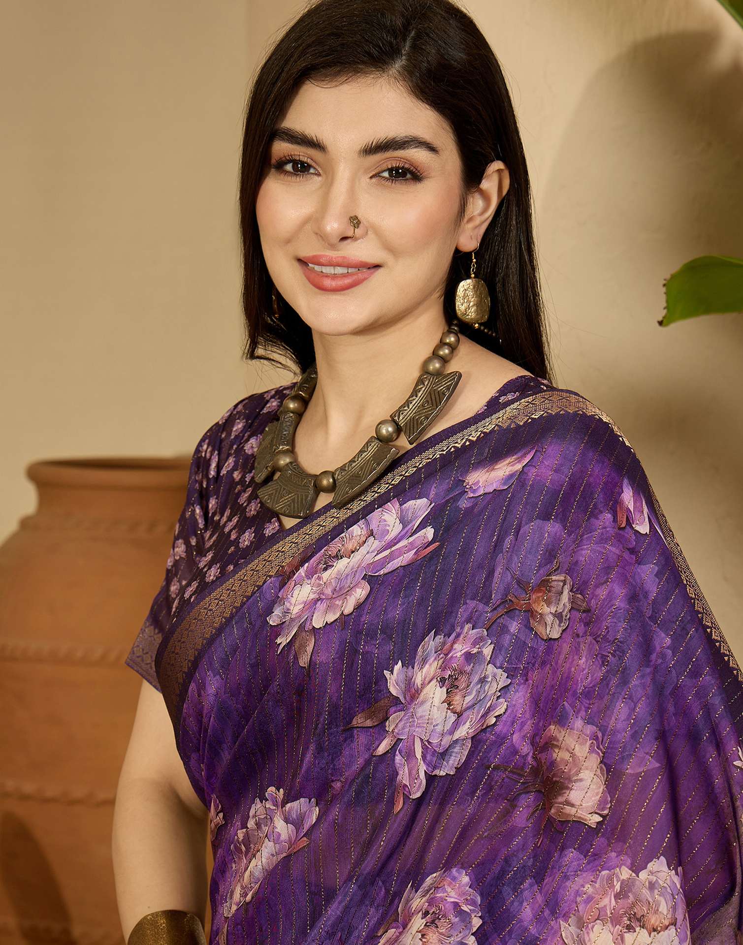 Purple Silk Floral Printed Saree