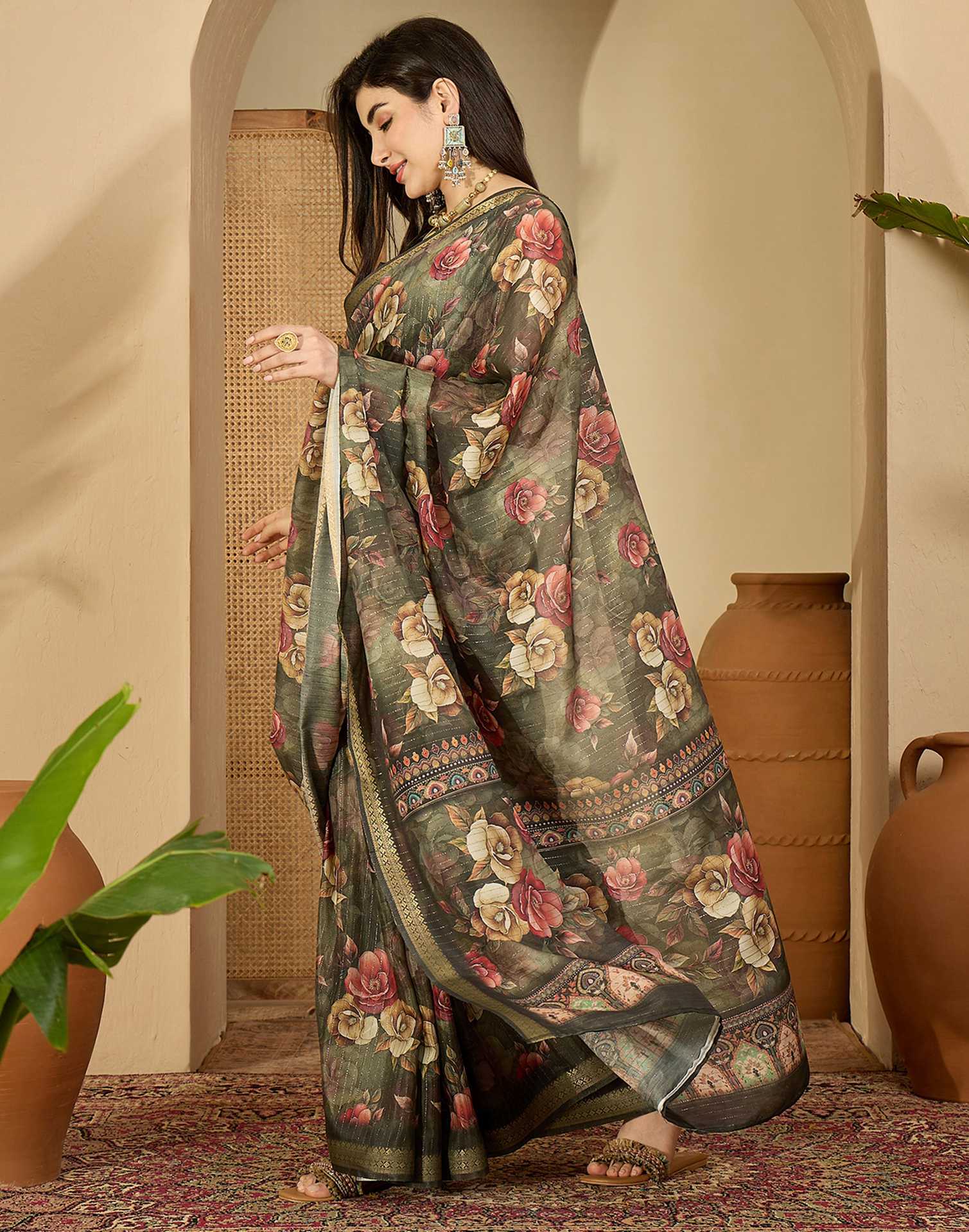 Army Green Silk Floral Printed Saree