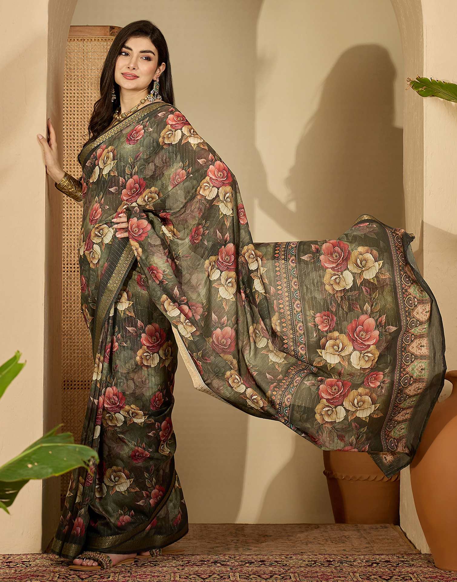 Army Green Silk Floral Printed Saree