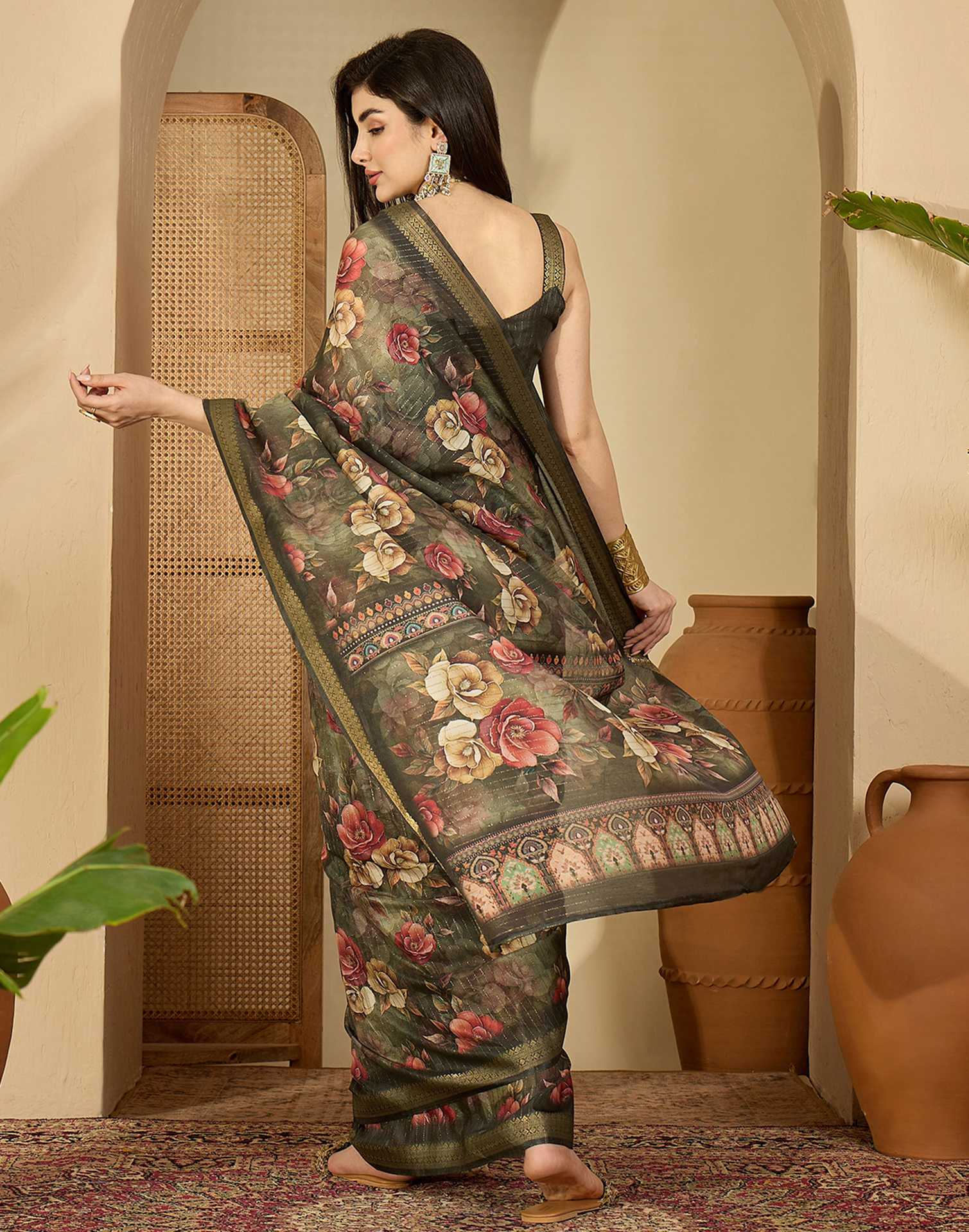 Army Green Silk Floral Printed Saree