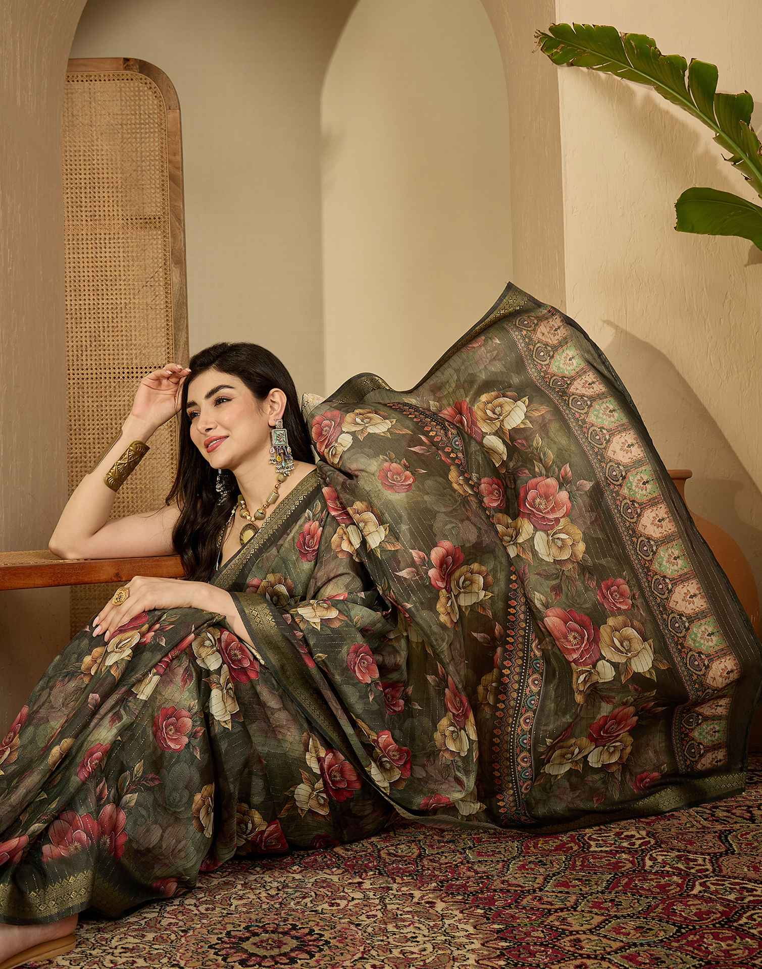 Army Green Silk Floral Printed Saree