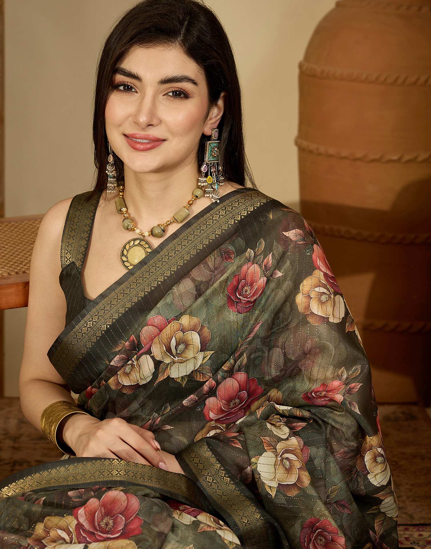 Army Green Silk Floral Printed Saree