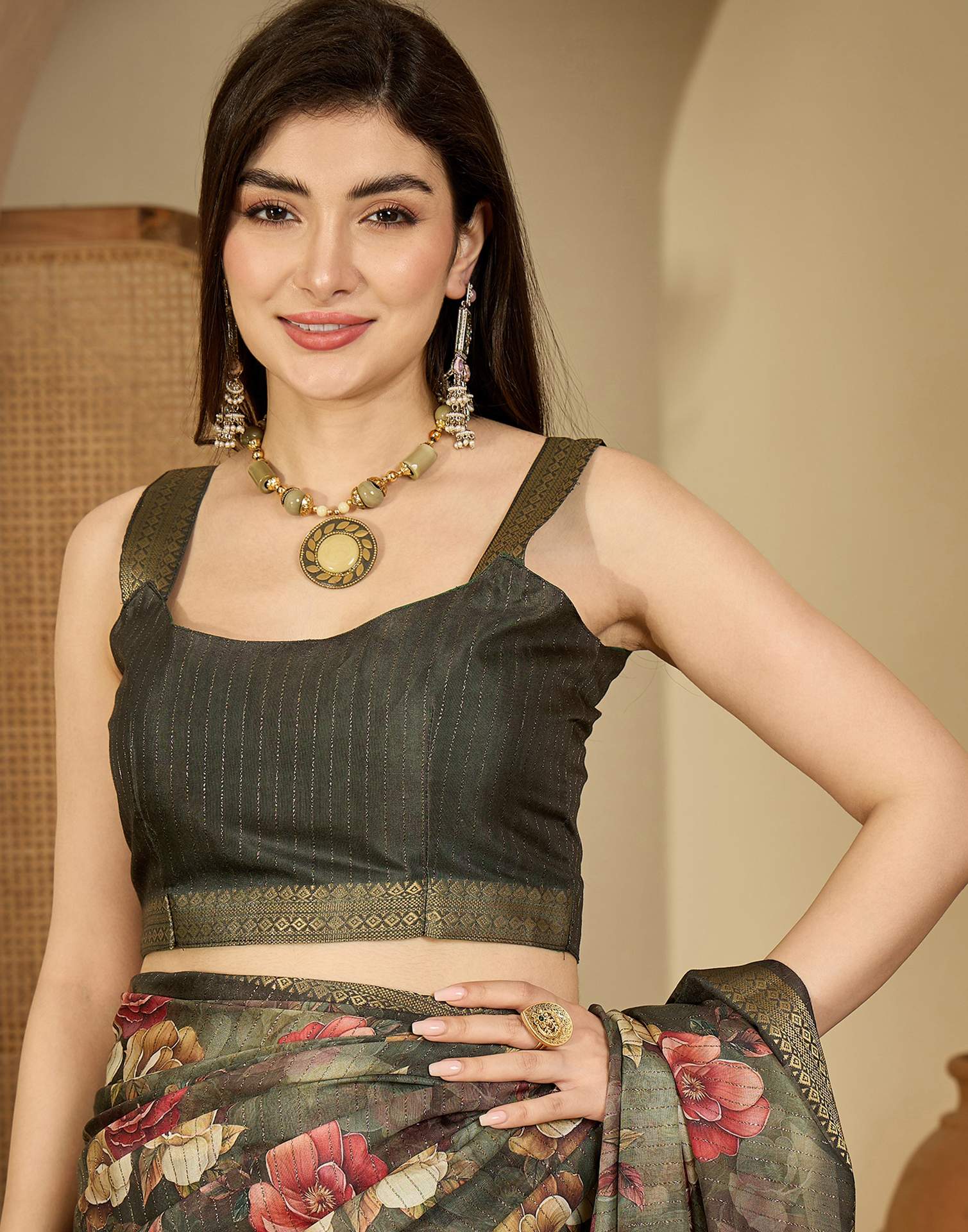 Army Green Silk Floral Printed Saree