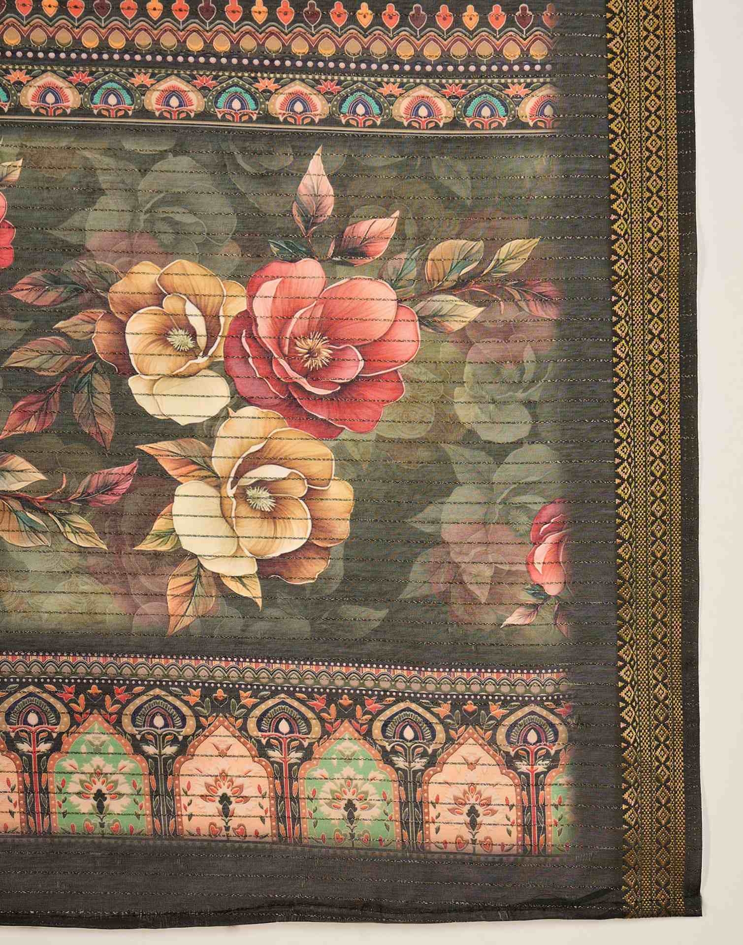 Army Green Silk Floral Printed Saree