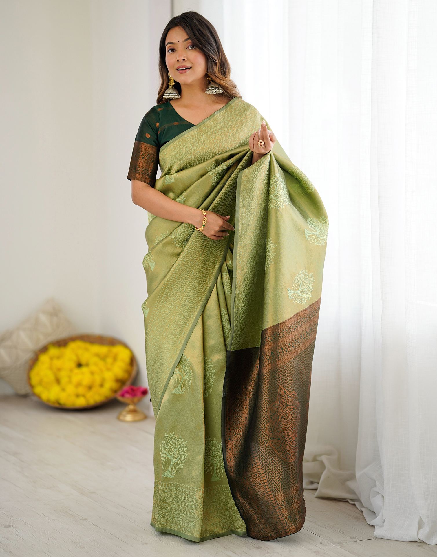 Pista Green Silk Woven Saree