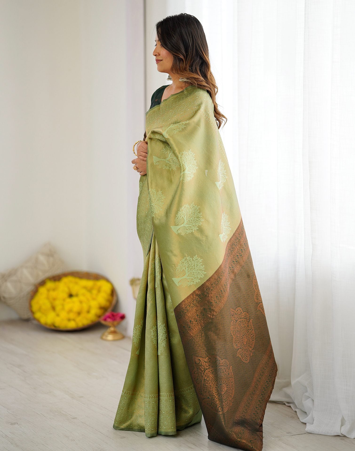 Pista Green Silk Woven Saree