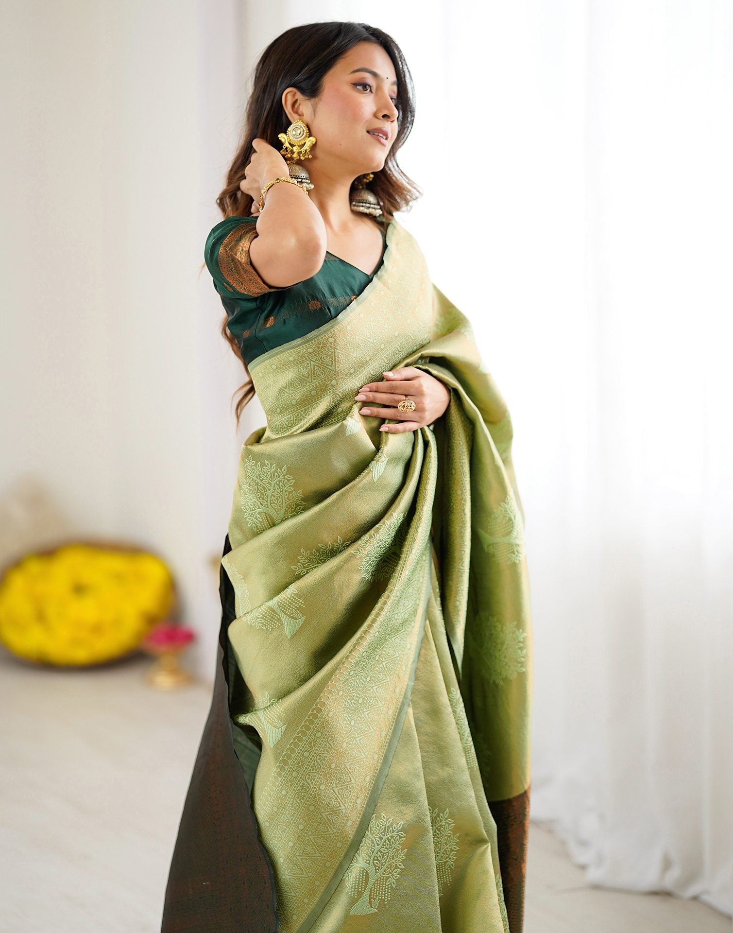 Pista Green Silk Woven Saree