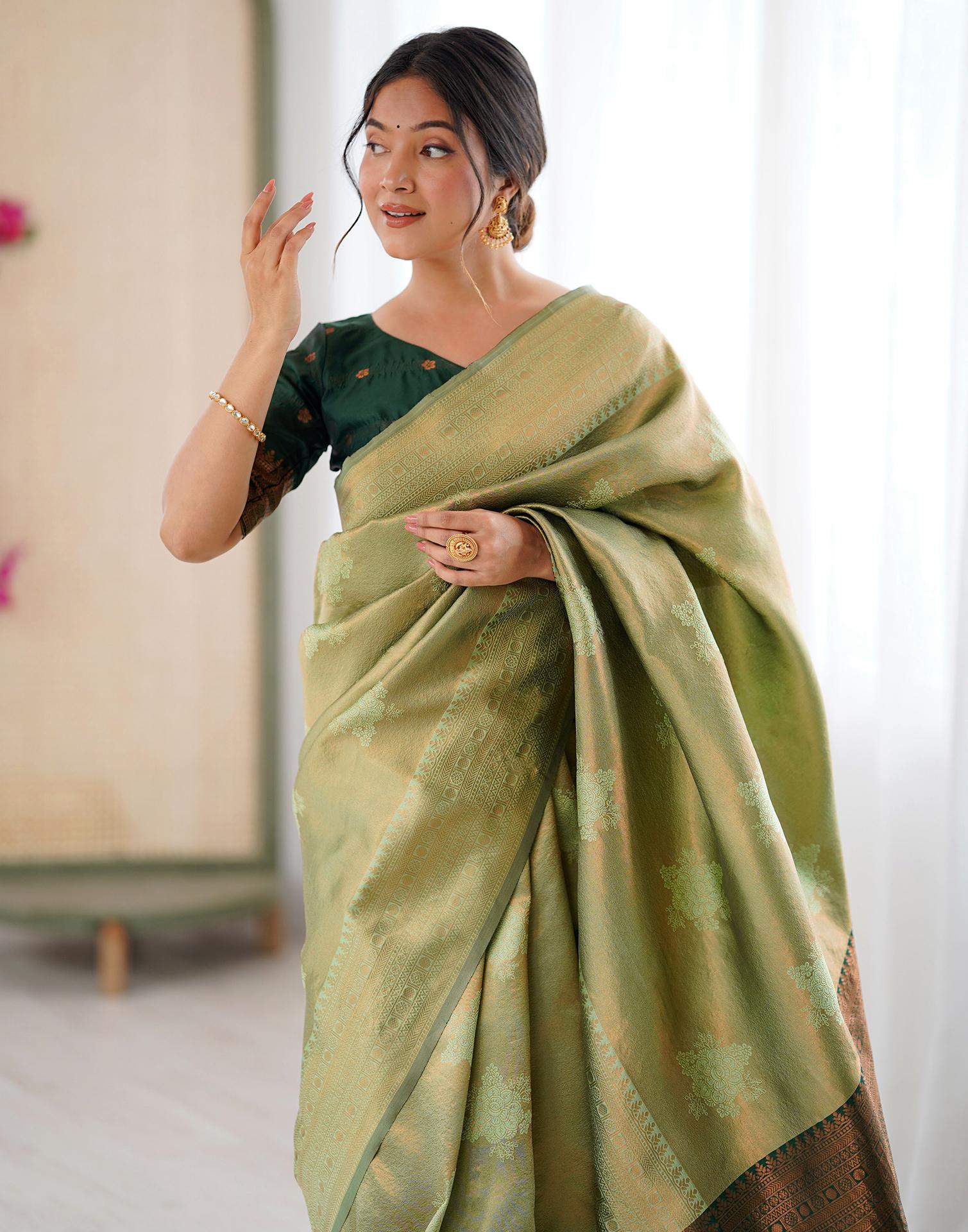 Pista Green Silk Woven Saree