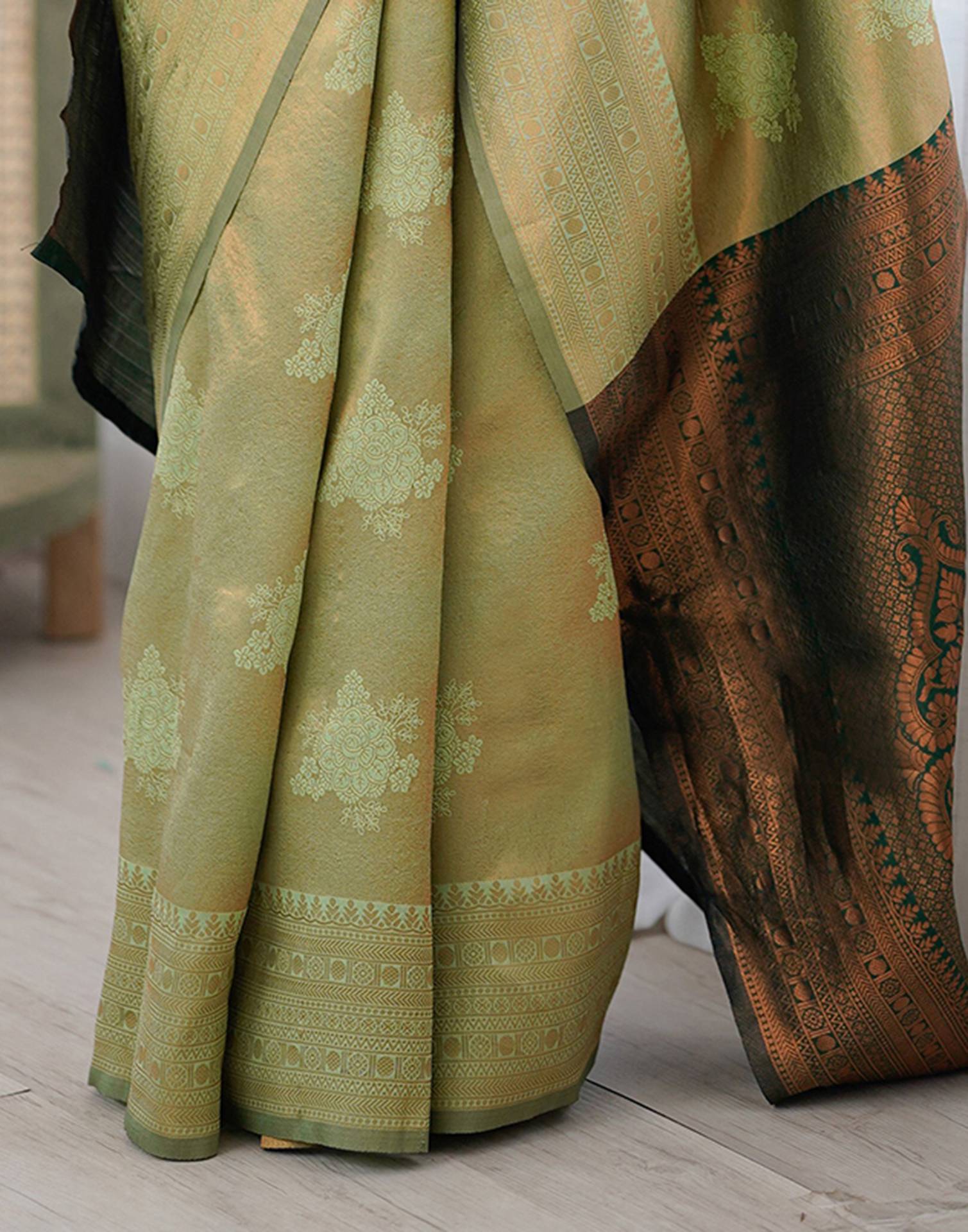 Pista Green Silk Woven Saree