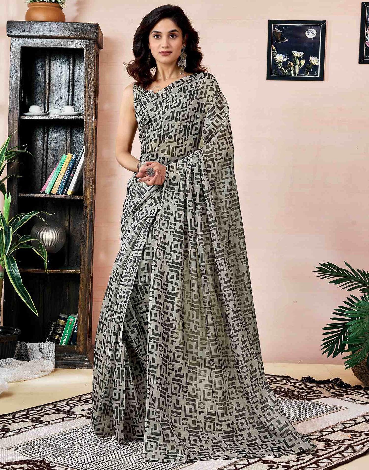 Ready To Wear Beige Chanderi Printed Saree With Pocket