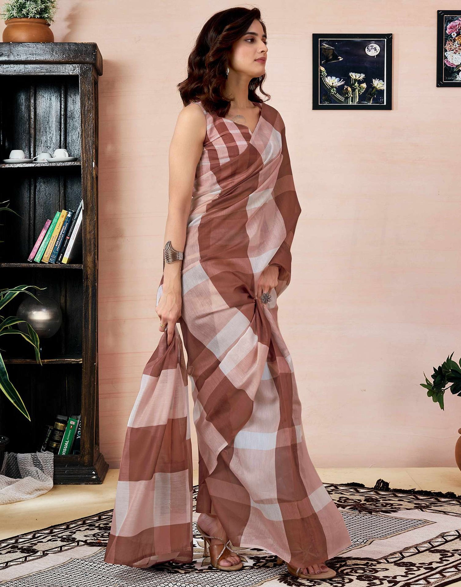 Ready To Wear Brown Chanderi Printed Saree With Pocket