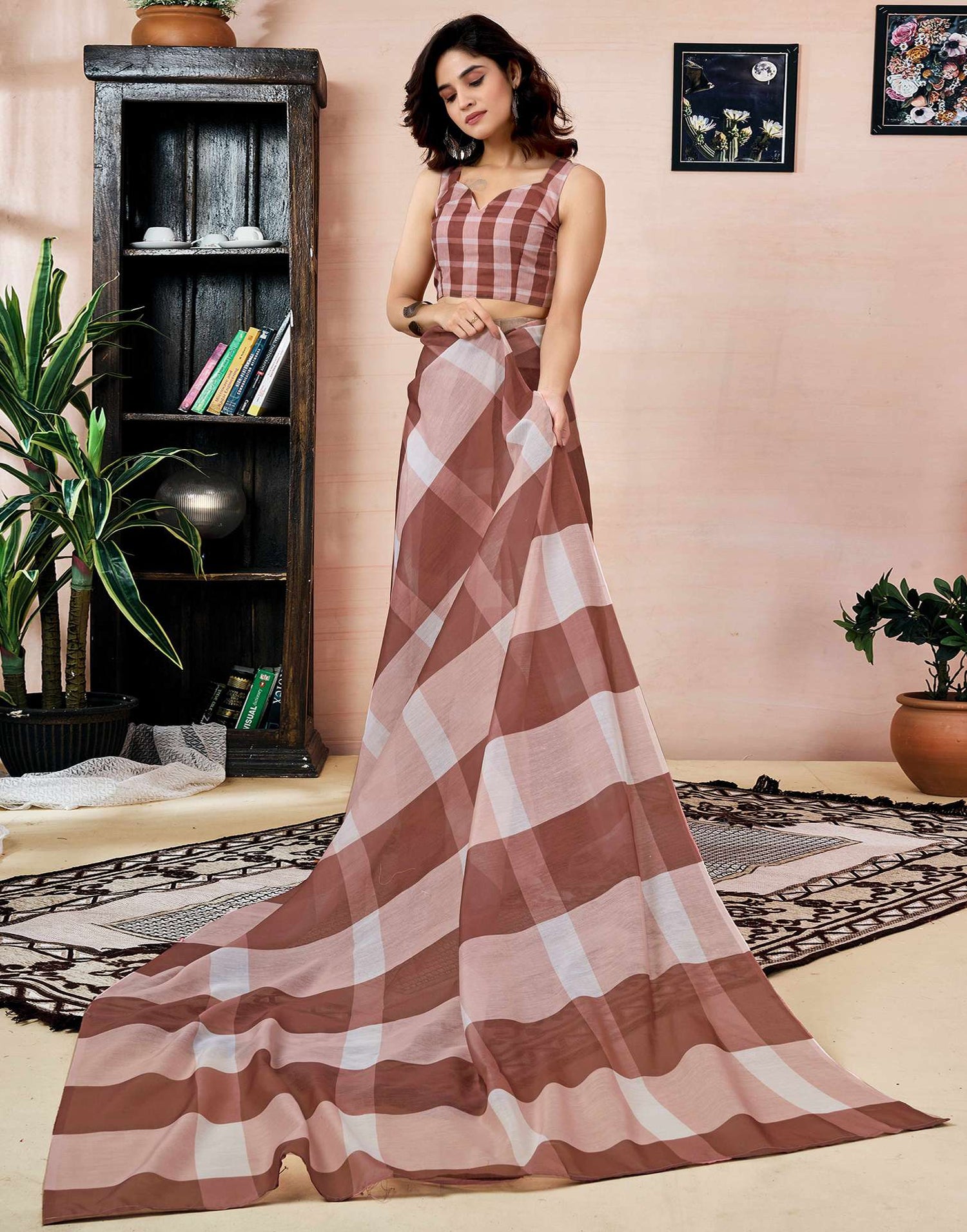 Ready To Wear Brown Chanderi Printed Saree With Pocket