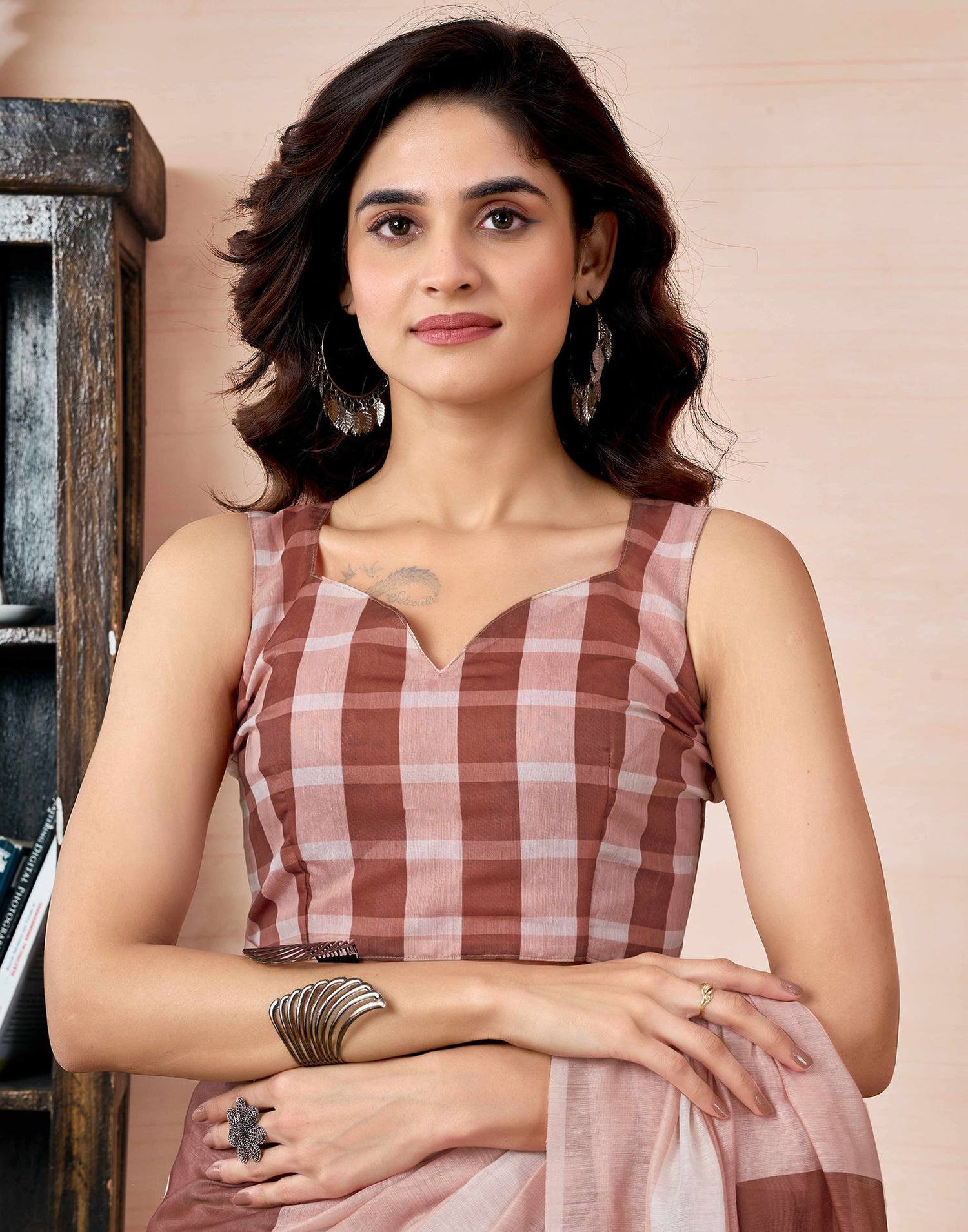 Ready To Wear Brown Chanderi Printed Saree With Pocket