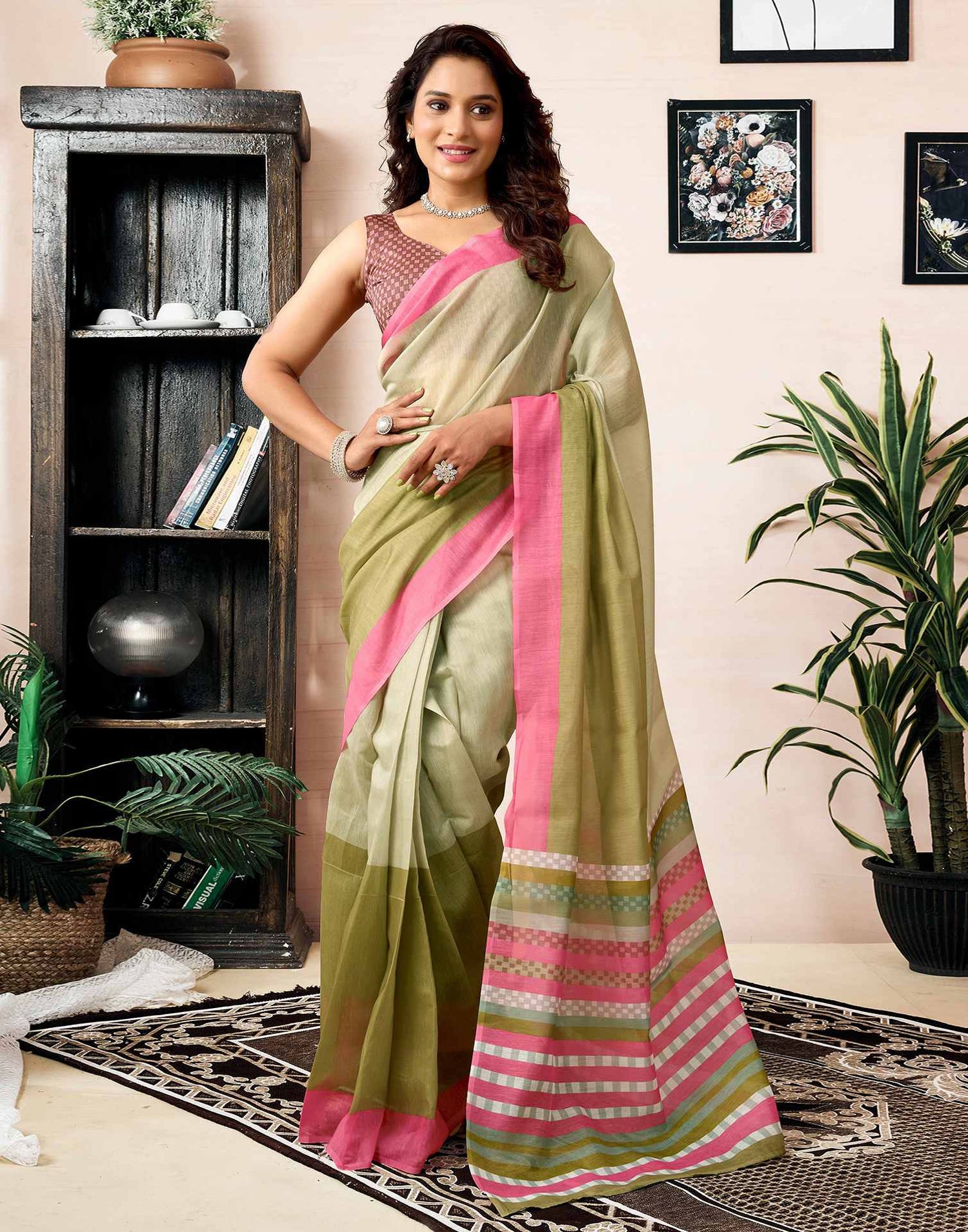 Ready To Wear Green Chanderi Printed Saree With Pocket