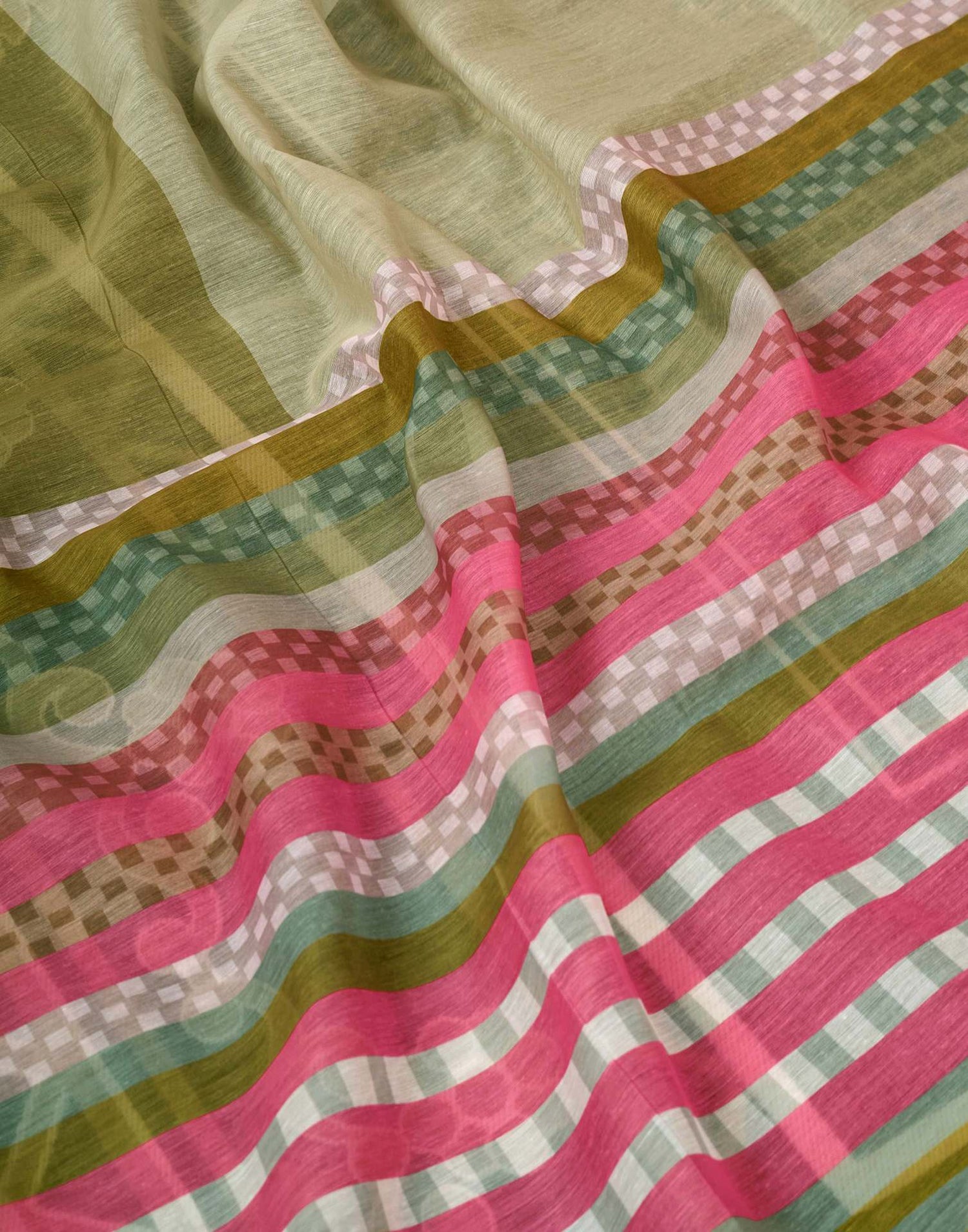 Ready To Wear Green Chanderi Printed Saree With Pocket